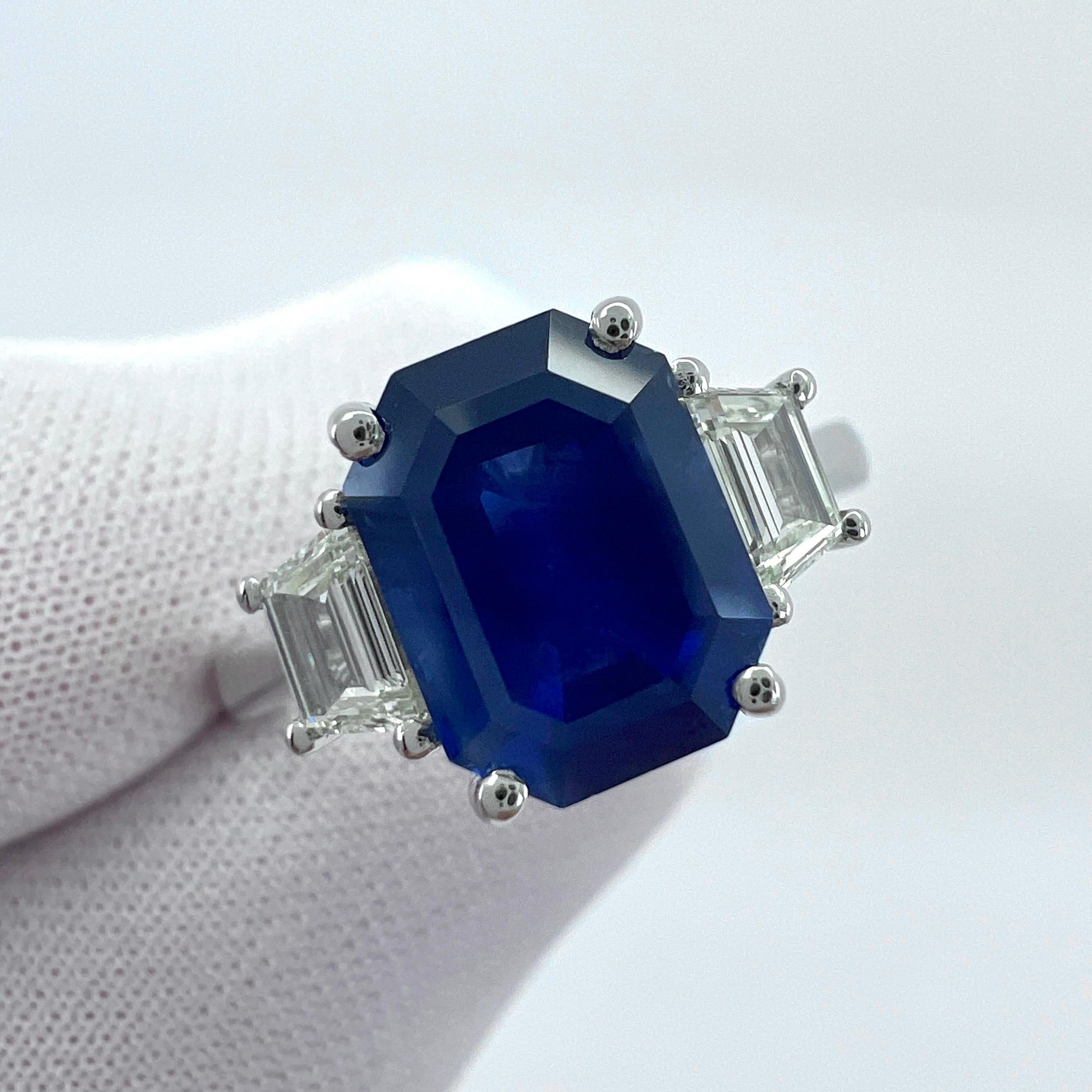 4 Carat Emerald Cut Ceylon Blue Sapphire & Diamond Platinum Three Stone Ring For Sale 4
