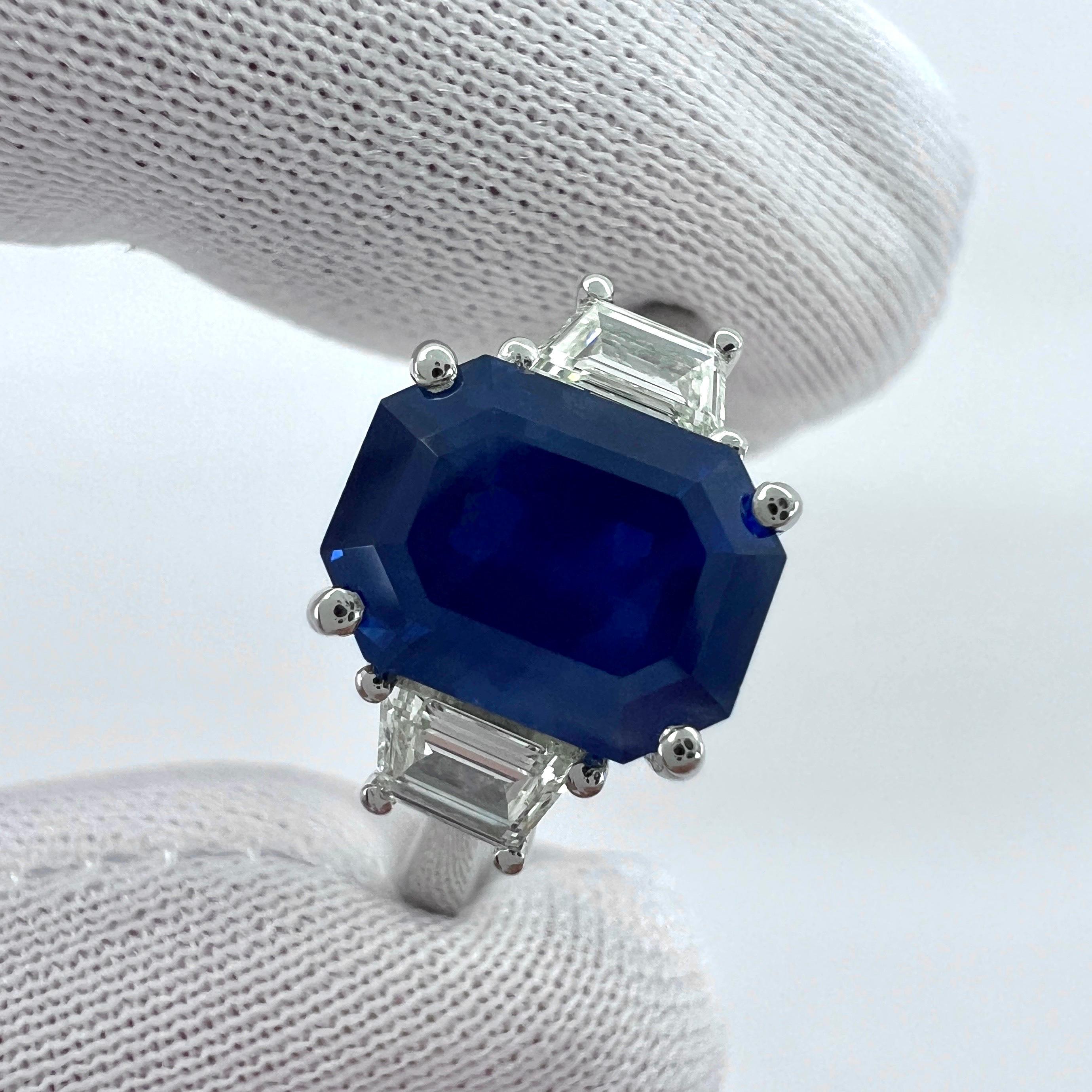 4 Carat Emerald Cut Ceylon Blue Sapphire & Diamond Platinum Three Stone Ring In New Condition For Sale In Birmingham, GB