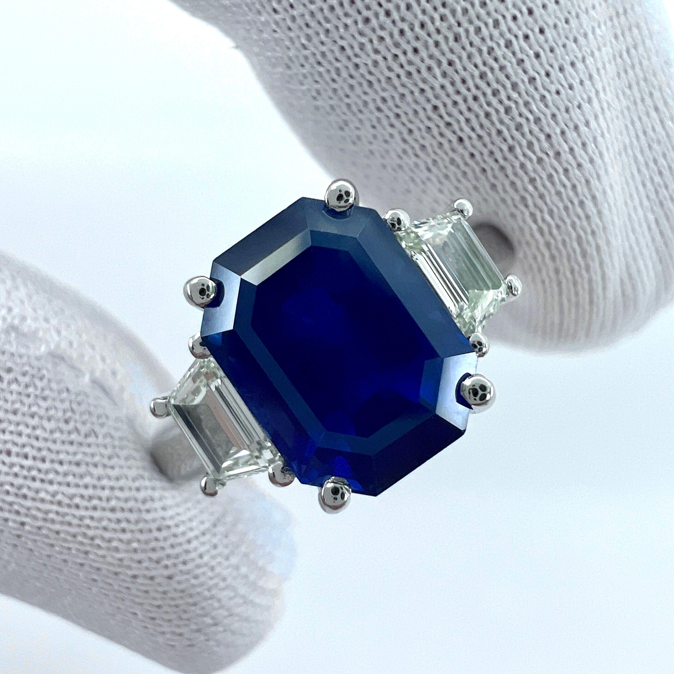 Women's or Men's 4 Carat Emerald Cut Ceylon Blue Sapphire & Diamond Platinum Three Stone Ring For Sale