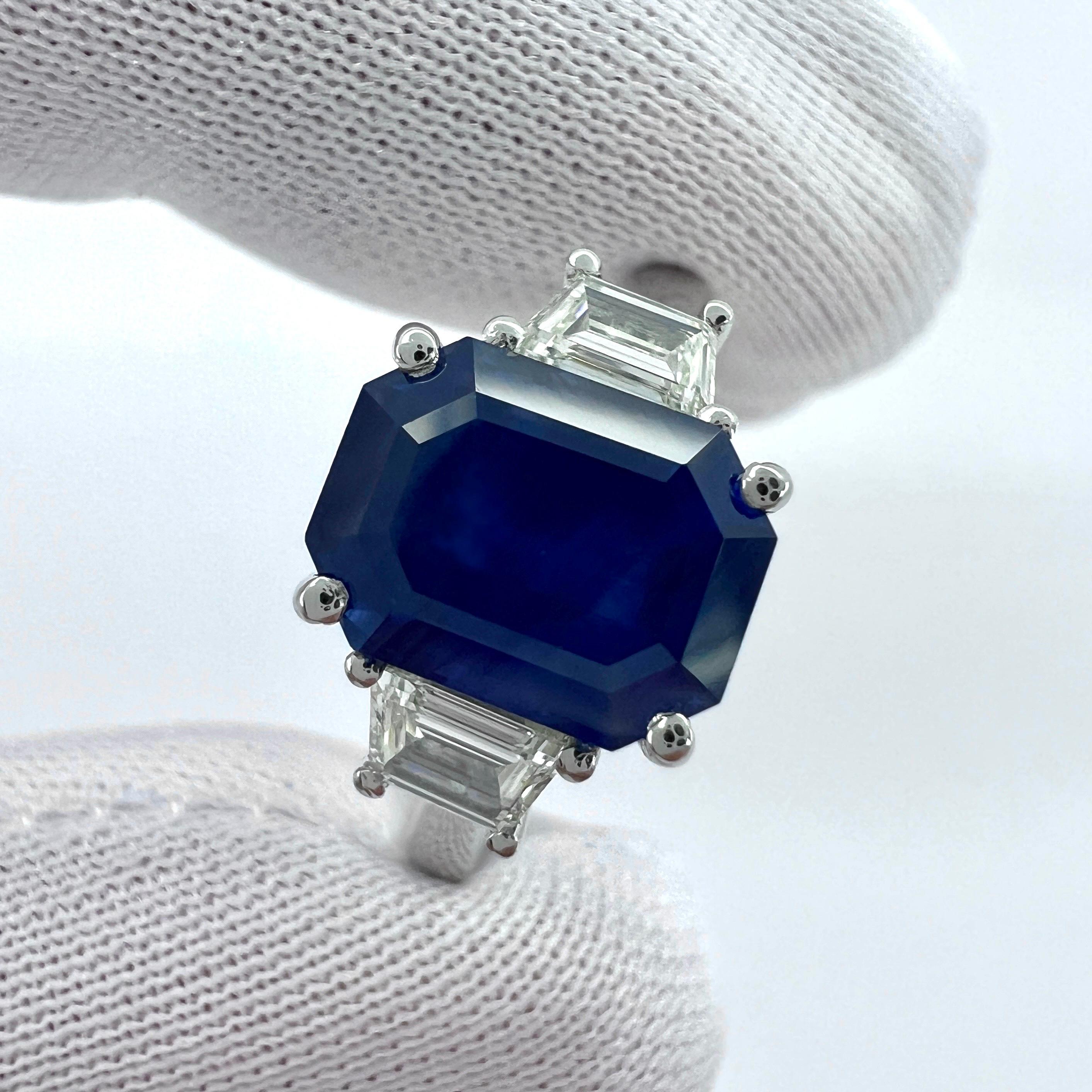 4 Carat Emerald Cut Ceylon Blue Sapphire & Diamond Platinum Three Stone Ring For Sale 1