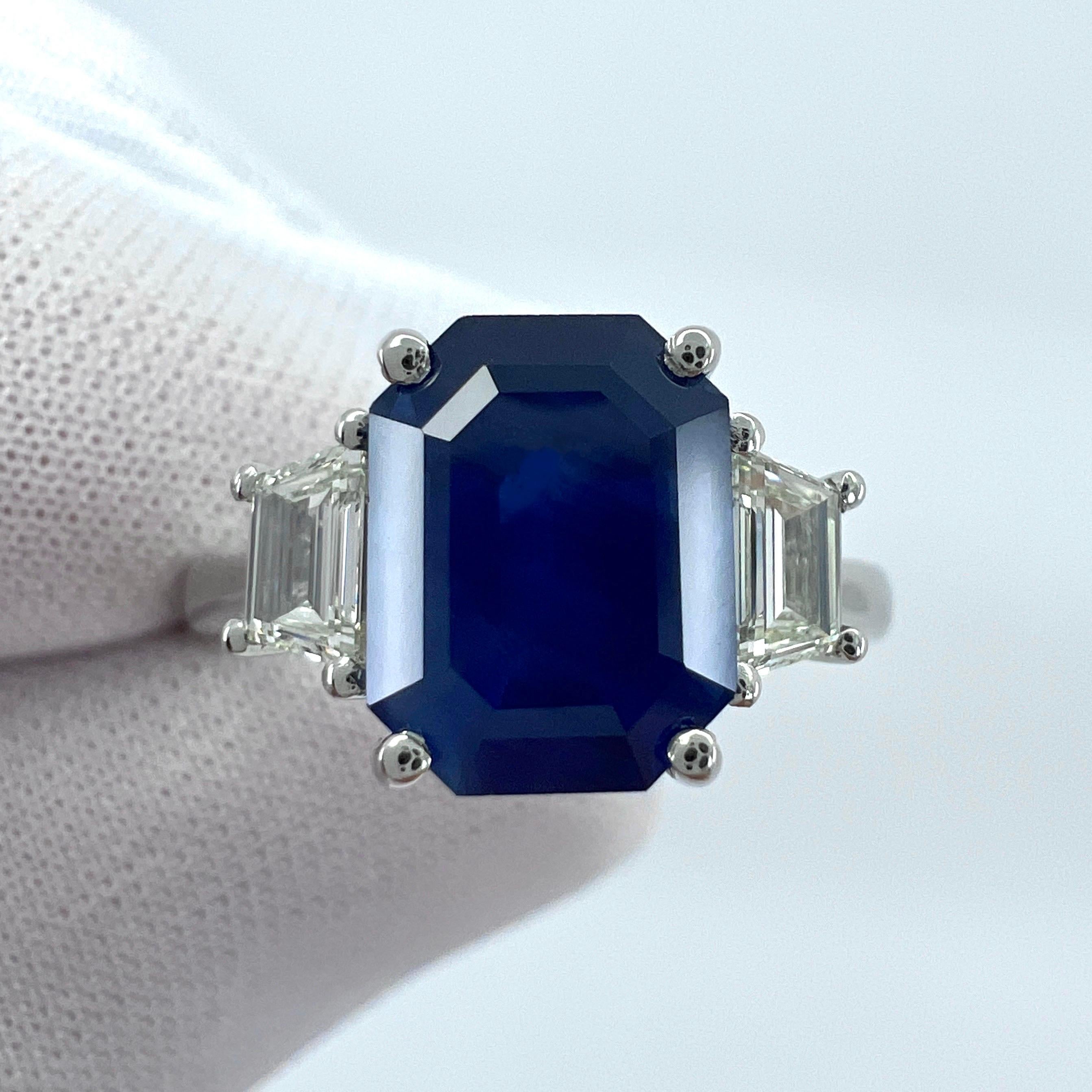 4 Carat Emerald Cut Ceylon Blue Sapphire & Diamond Platinum Three Stone Ring For Sale 2