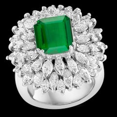 4 Carat Emerald Cut Colombian Emerald & 5.5 Ct Diamond Ring in Platinum Size 6