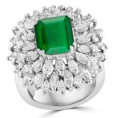 Used 4 Carat Emerald Cut Colombian Emerald & 5.5 Ct Diamond Ring in Platinum Size 6