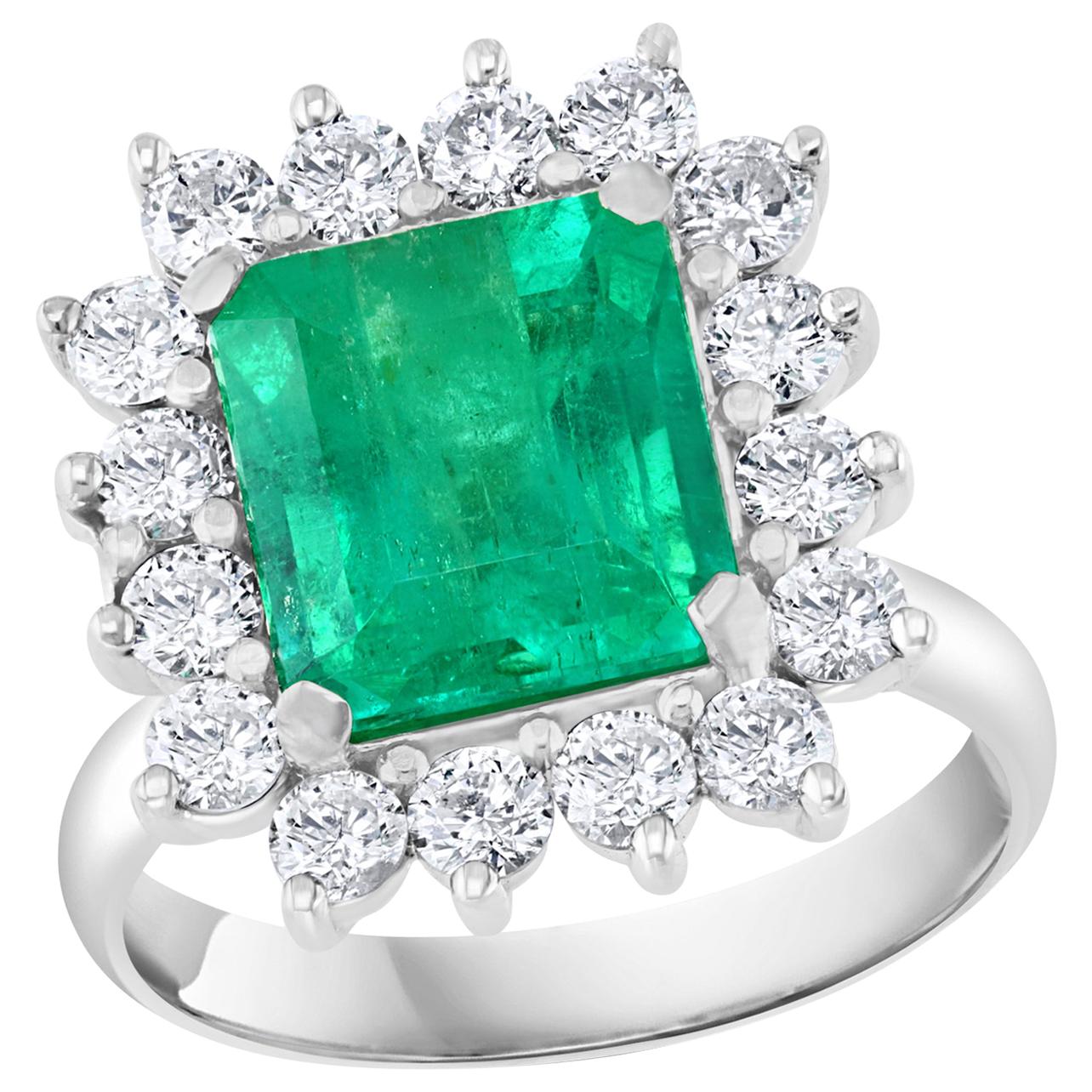 4 Carat Emerald Cut Colombian Emerald and Diamond Ring 14 Karat White Gold