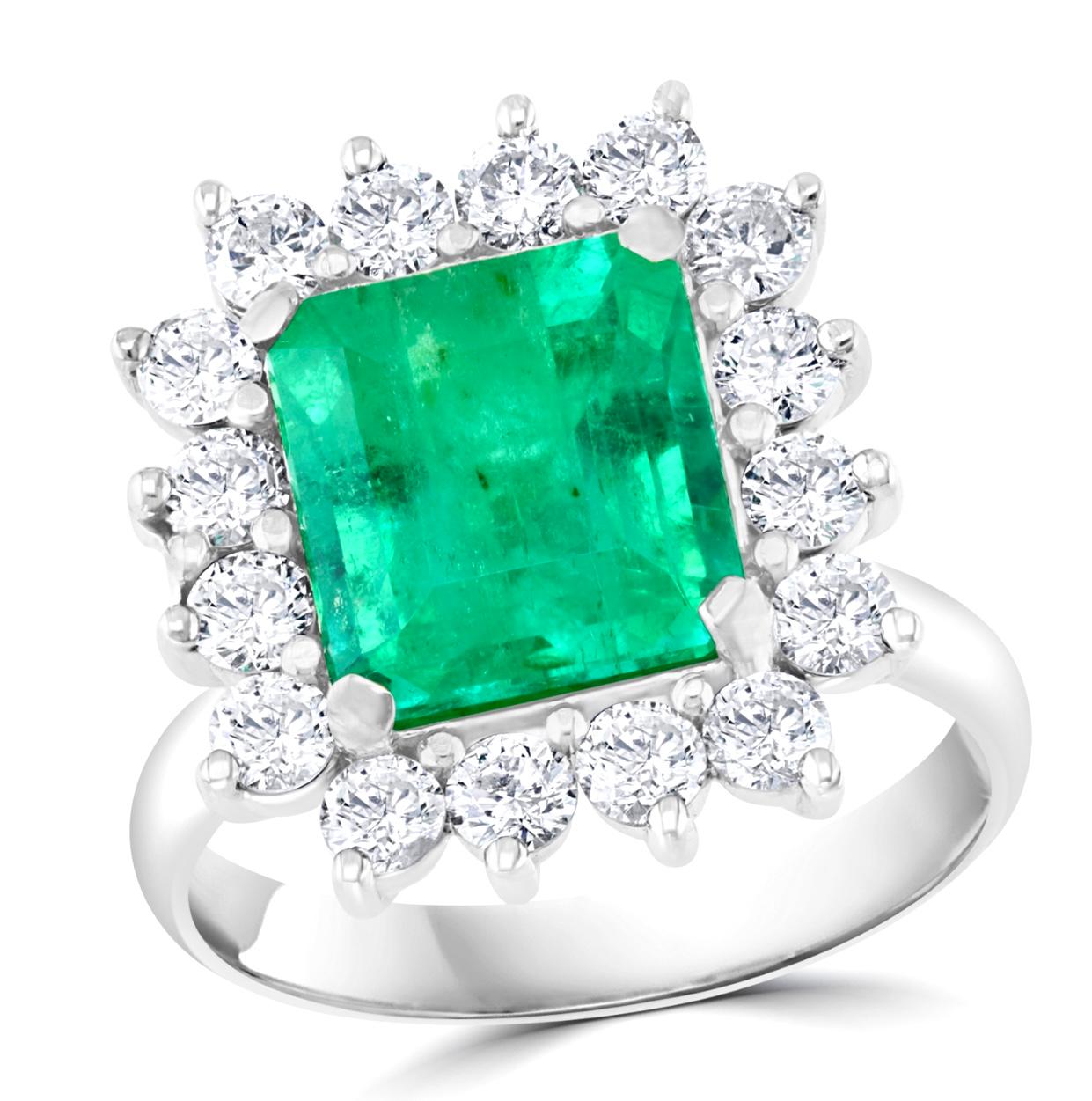 4 Carat Emerald Cut Colombian Emerald and Diamond Ring 14 Karat White Gold In Excellent Condition In New York, NY