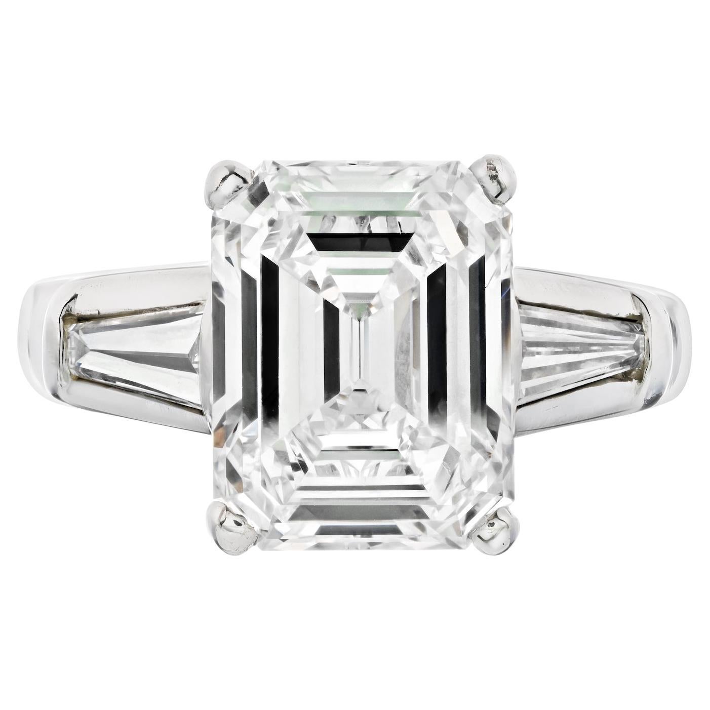 4 Carat Emerald Cut Diamond GIA with Baguettes Engagement Ring For Sale
