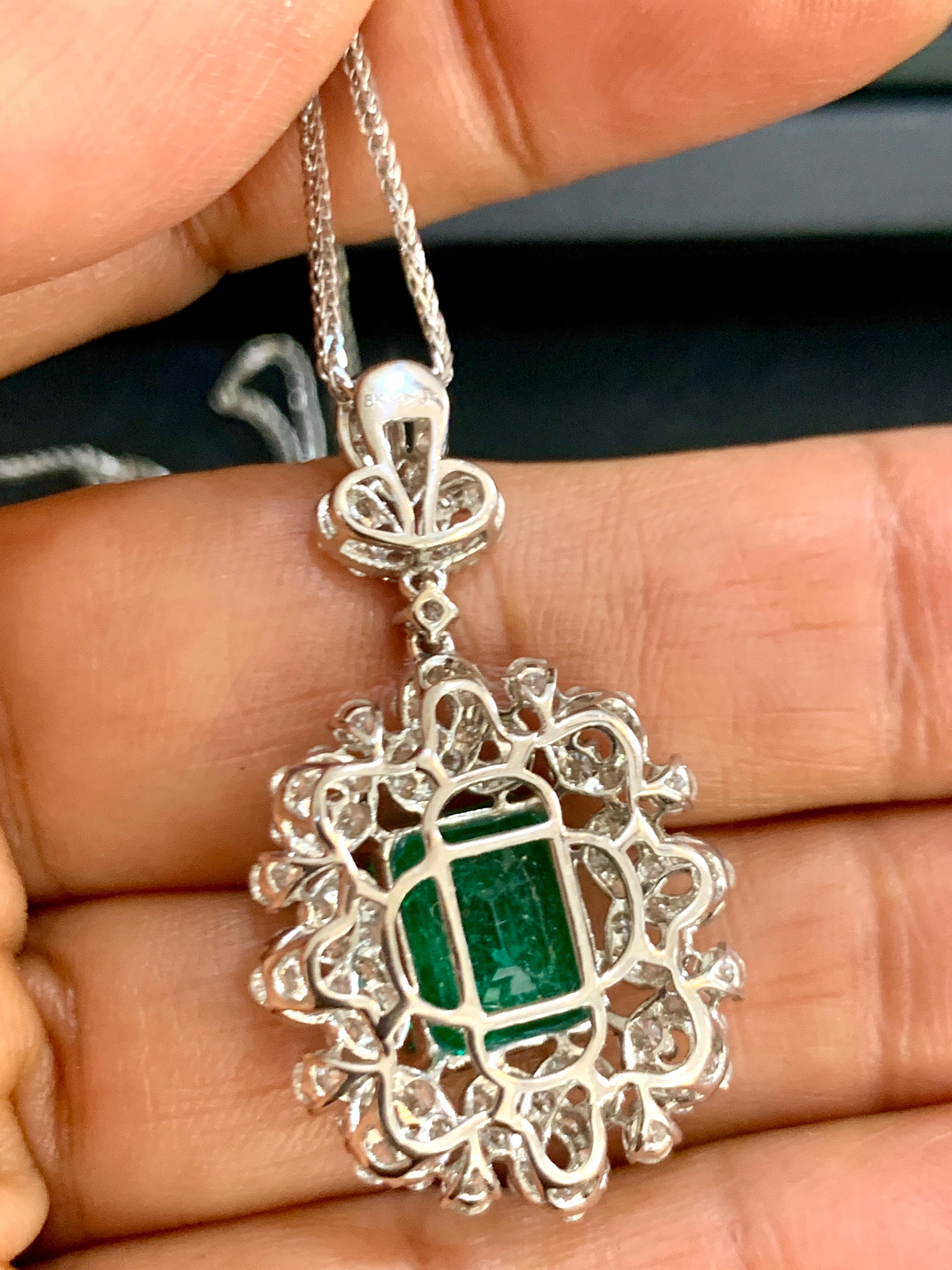 4 Carat Emerald Cut Emerald and Diamond Pendant Necklace 18 Karat Gold 2