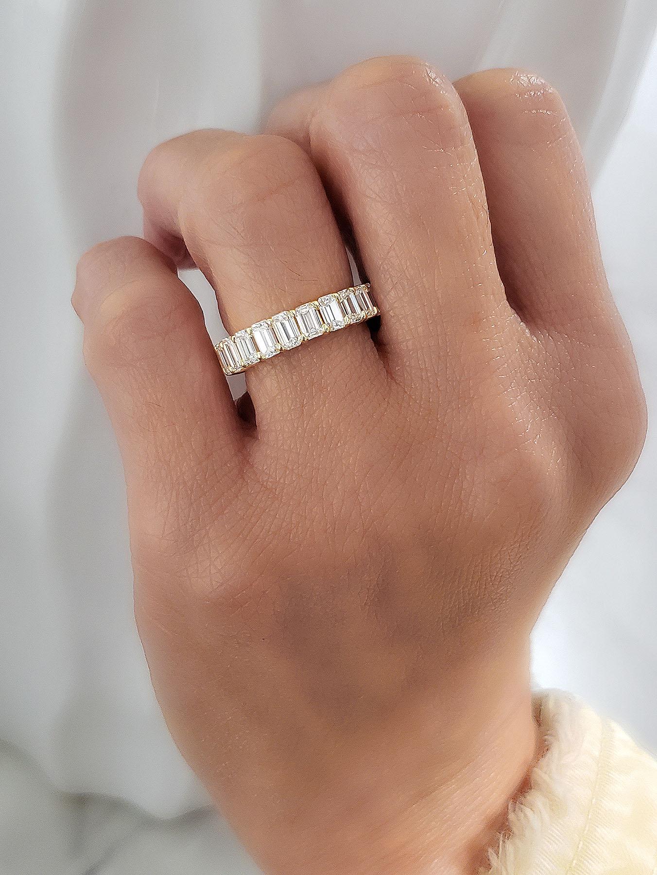 For Sale:  4 Carat Emerald Cut Eternity Band Gallery Style F-G Color VS1 Clarity 18k Gold 7