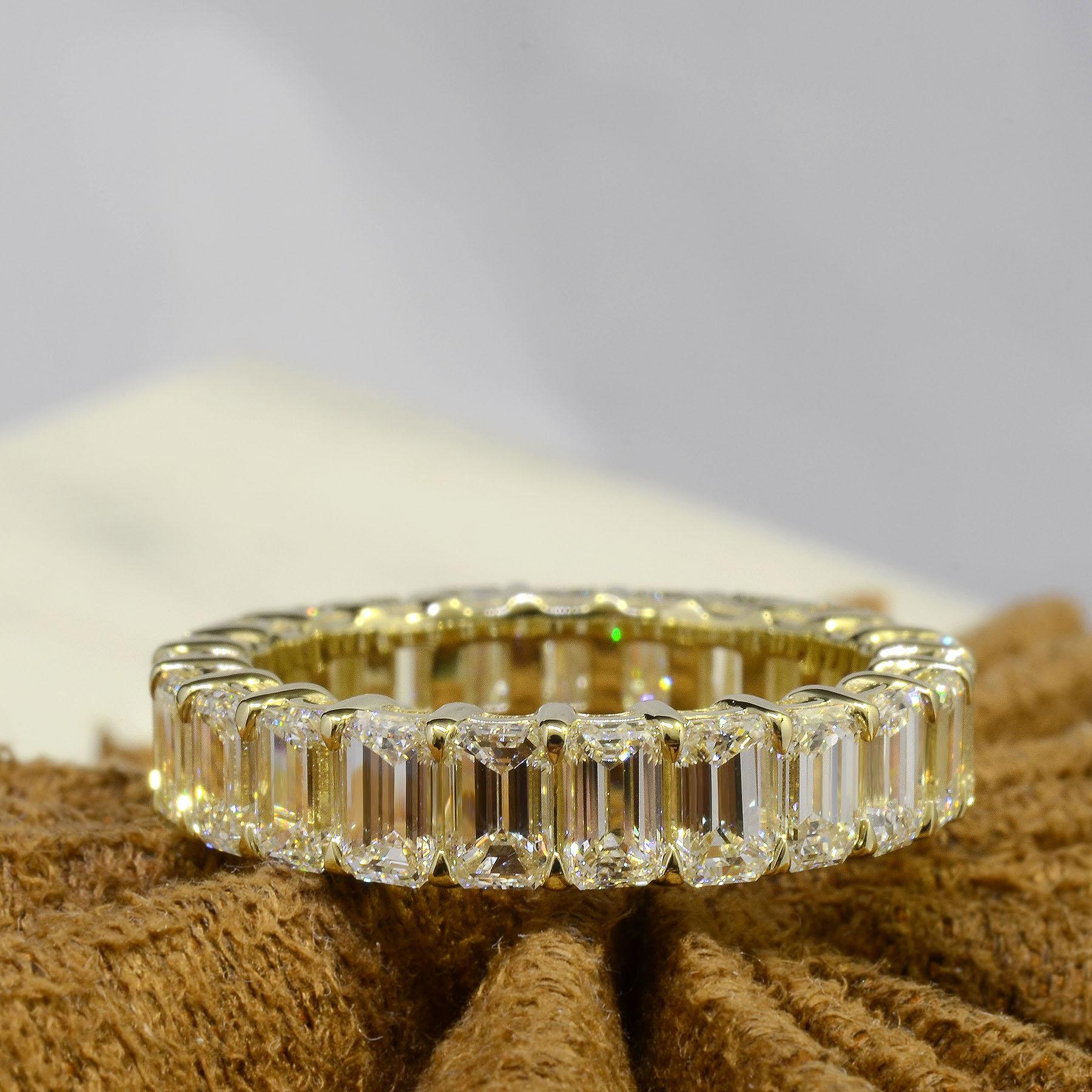 For Sale:  4 Carat Emerald Cut Eternity Band Gallery Style F-G Color VS1 Clarity 18k Gold 8