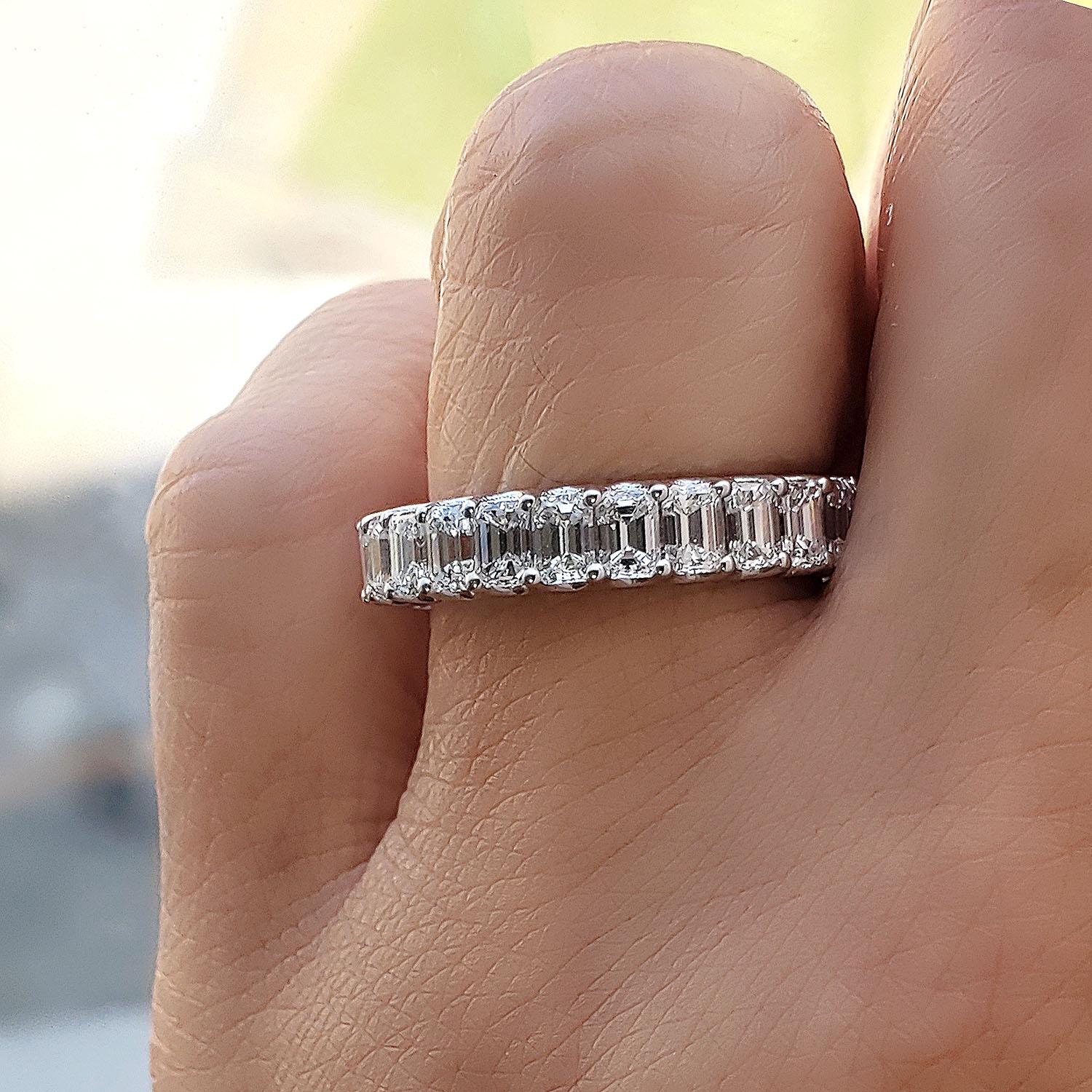 For Sale:  4 Carat Emerald Cut Eternity Band Gallery Style F-G Color VS1 Clarity 18k Gold 9