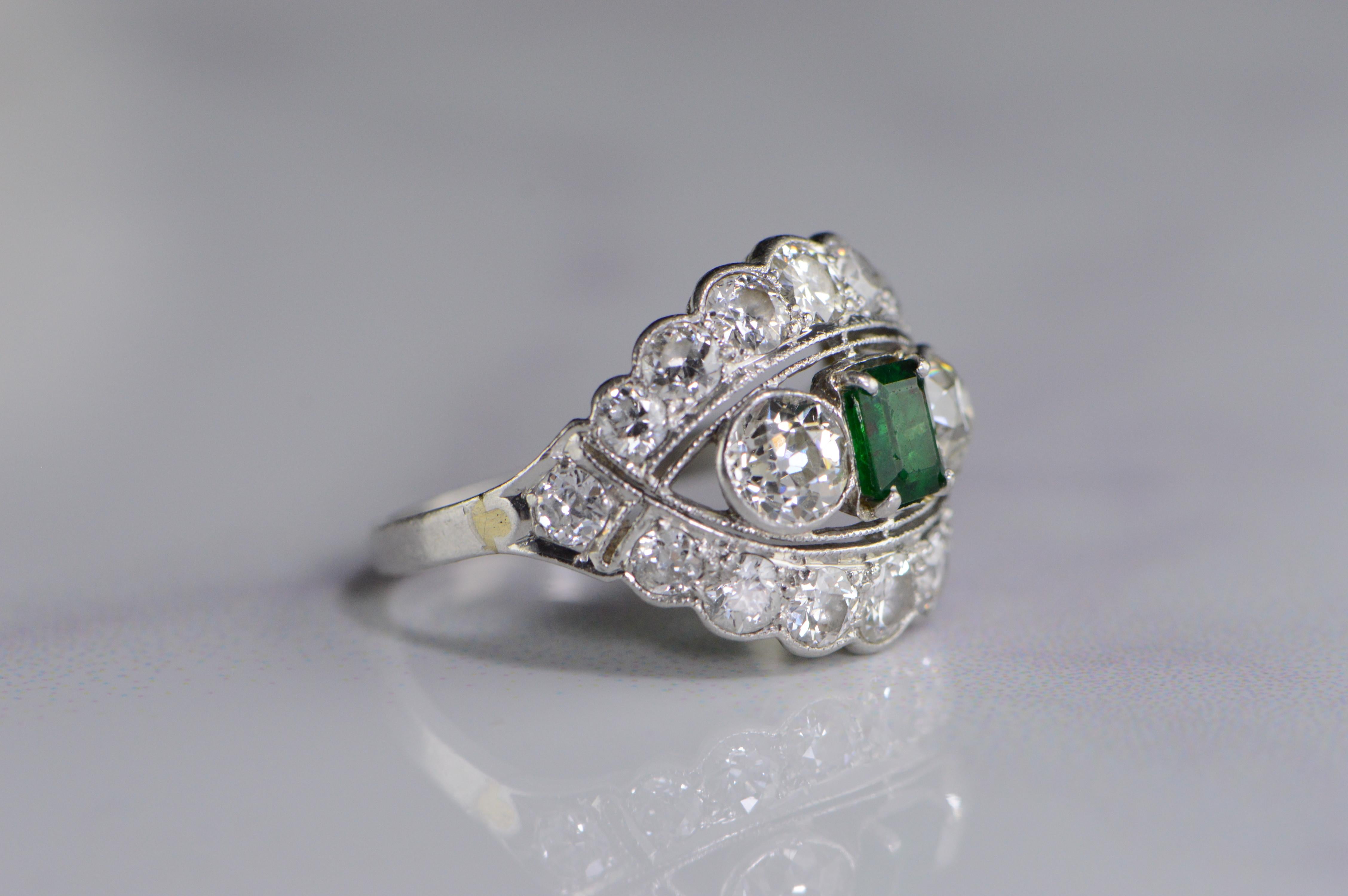 4 Carat Emerald Diamond Art Deco Engagement Ring - 0.50 Ct Emerald & 3.50 Ctw 18 Old Mine Cut Diamonds H-I, VS-SI. Crafted in platinum, the ring is currently a size 5.75 however it could be easily sized, free of charge 2-3 sizes up or down. The