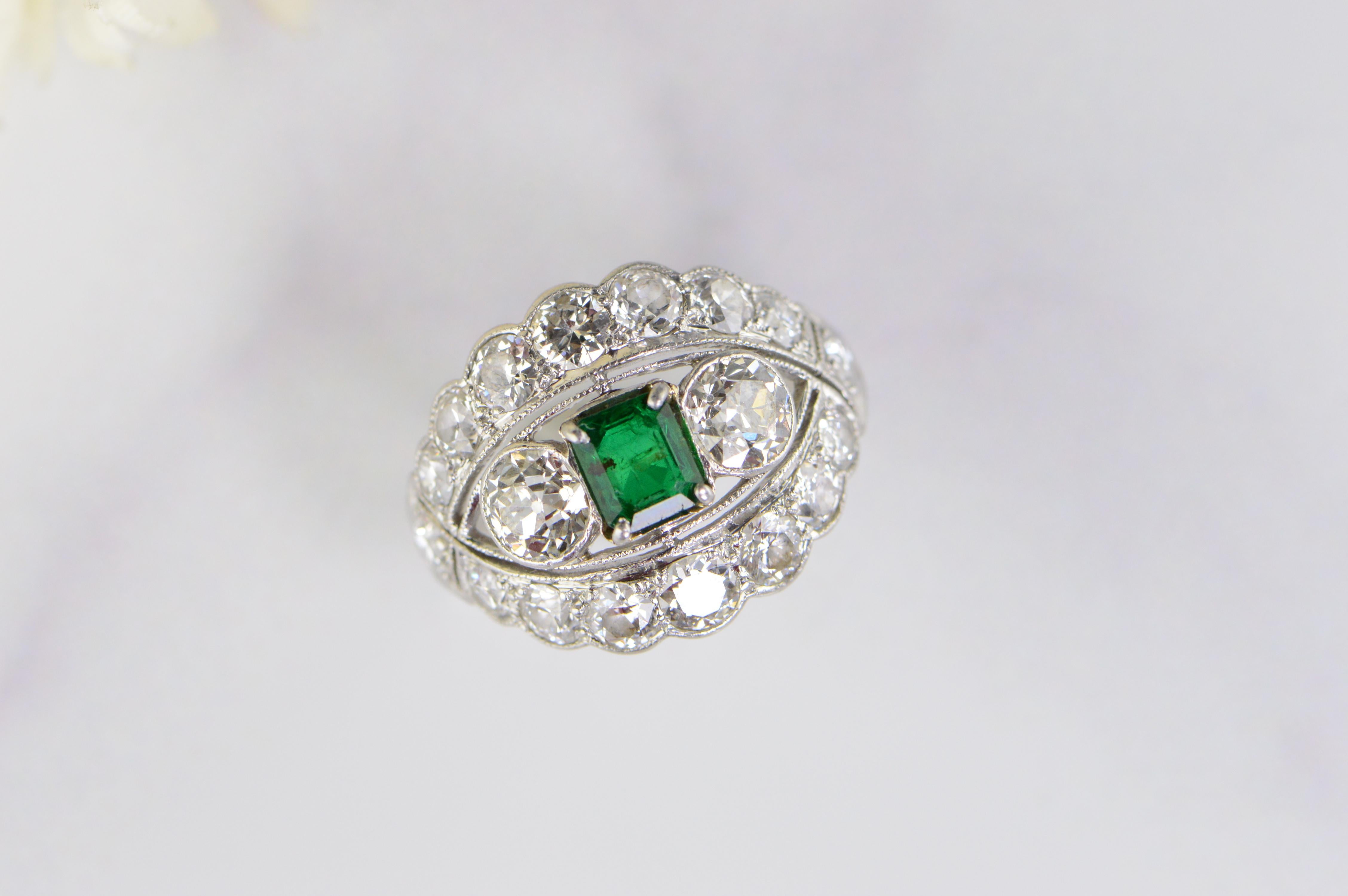 Old European Cut 4 Carat Emerald Diamond Art Deco Platinum Engagement Ring For Sale