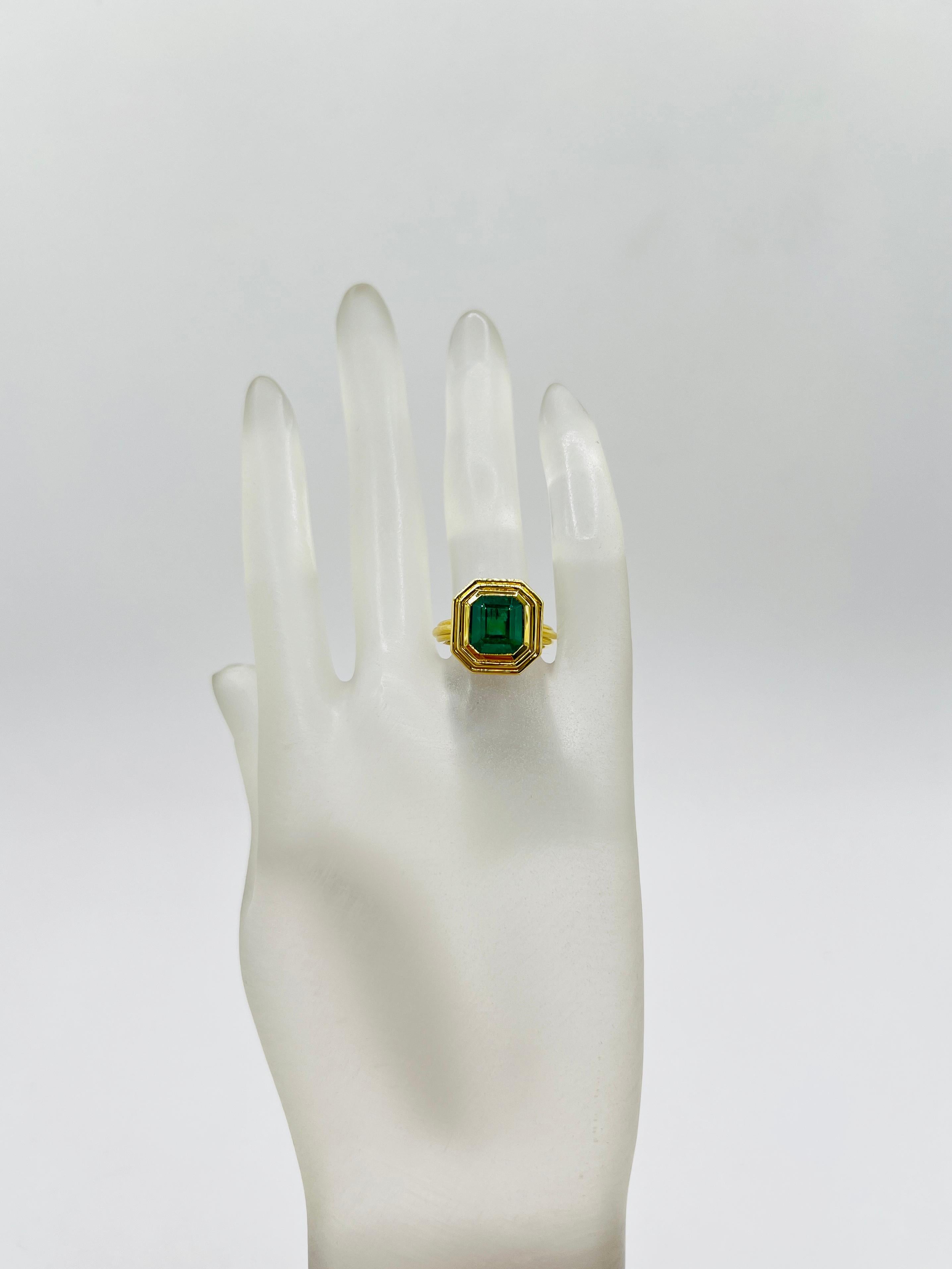 Octagon Cut 4 Carat Emerald Octagonal Bezel Ring in 18K Yellow Gold For Sale