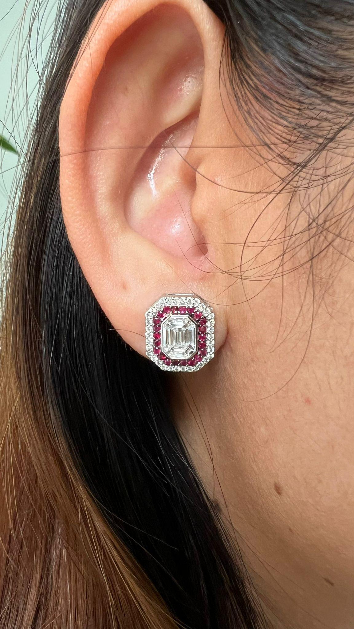 Trapezoid Cut 4 carat face up Piecut diamond pair with a double halo of ruby & diamonds For Sale