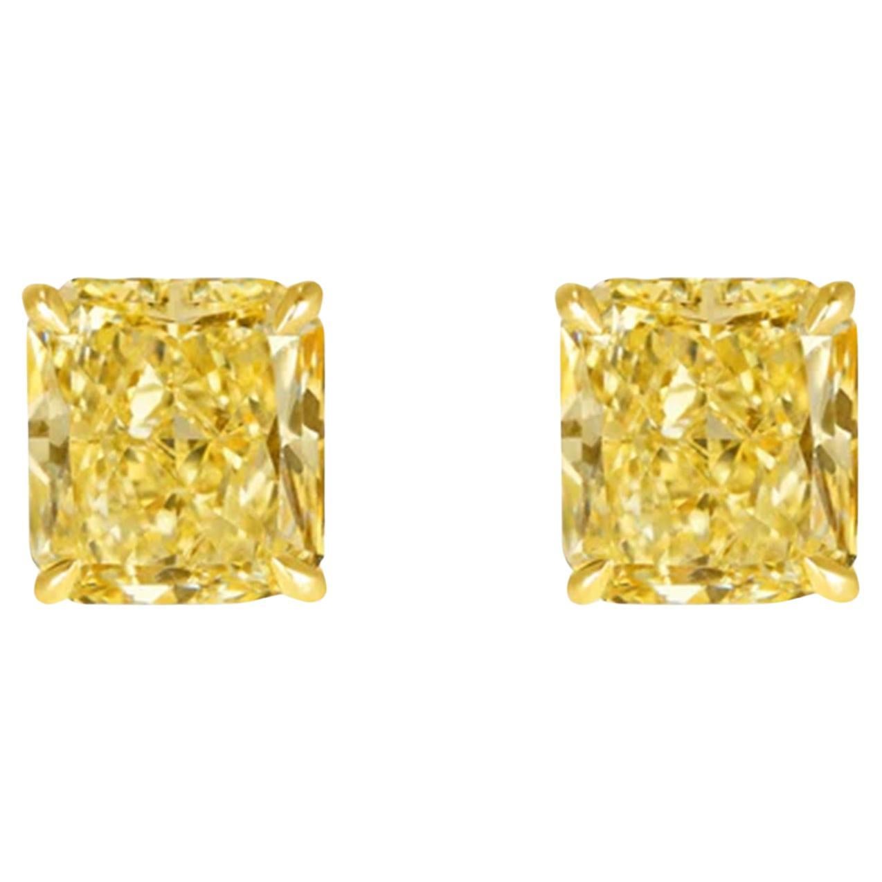 4 Carat Fancy Intense Yellow Radiant Cut Diamond 18K Yellow Gold Stud Earrings
