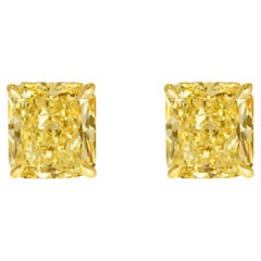 4 Carat Fancy Intense Yellow Radiant Cut Diamond 18K Yellow Gold Stud Earrings