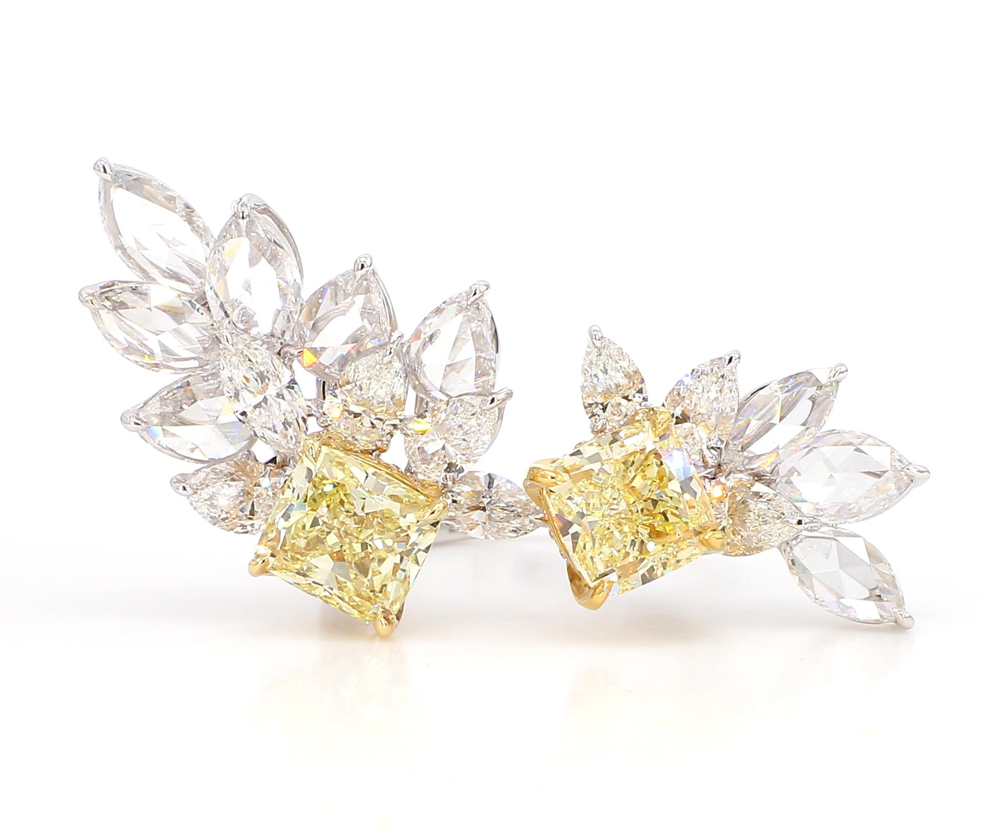 Anillo de racimo floral de diamantes amarillos fantasía de 4 quilates, oro de 22 y 18 quilates, informe GIA Art Nouveau en venta