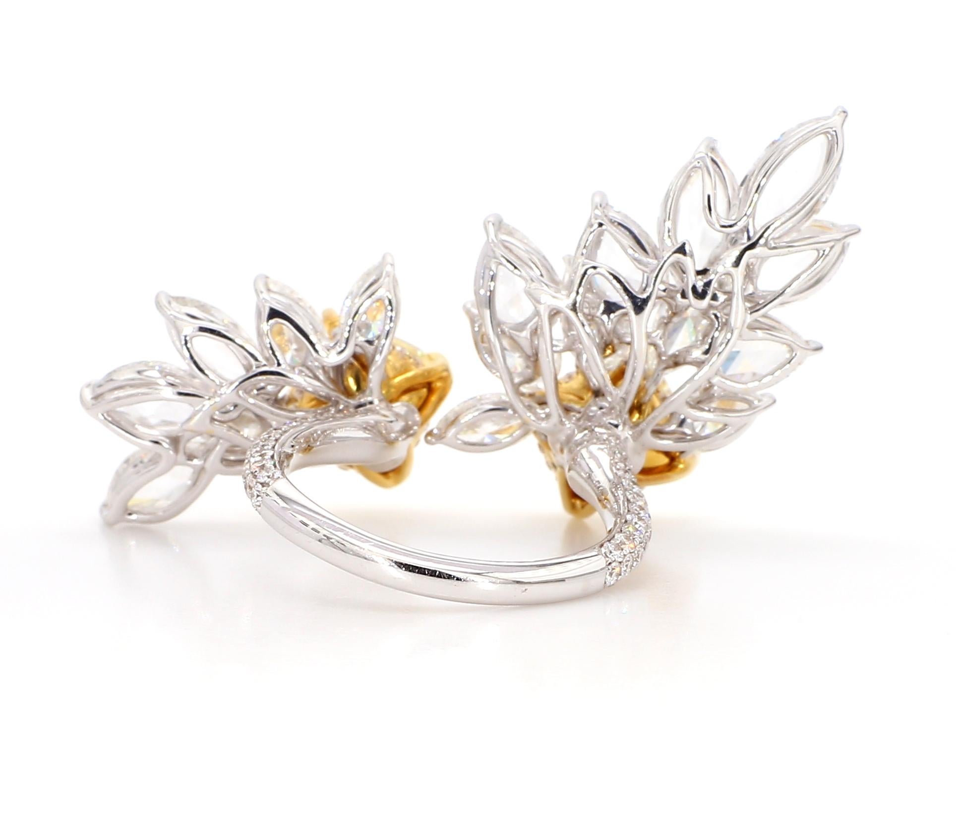 Cushion Cut 4 Carat Fancy Yellow Diamond Floral Cluster Ring 22K & 18K Gold, GIA Report  For Sale