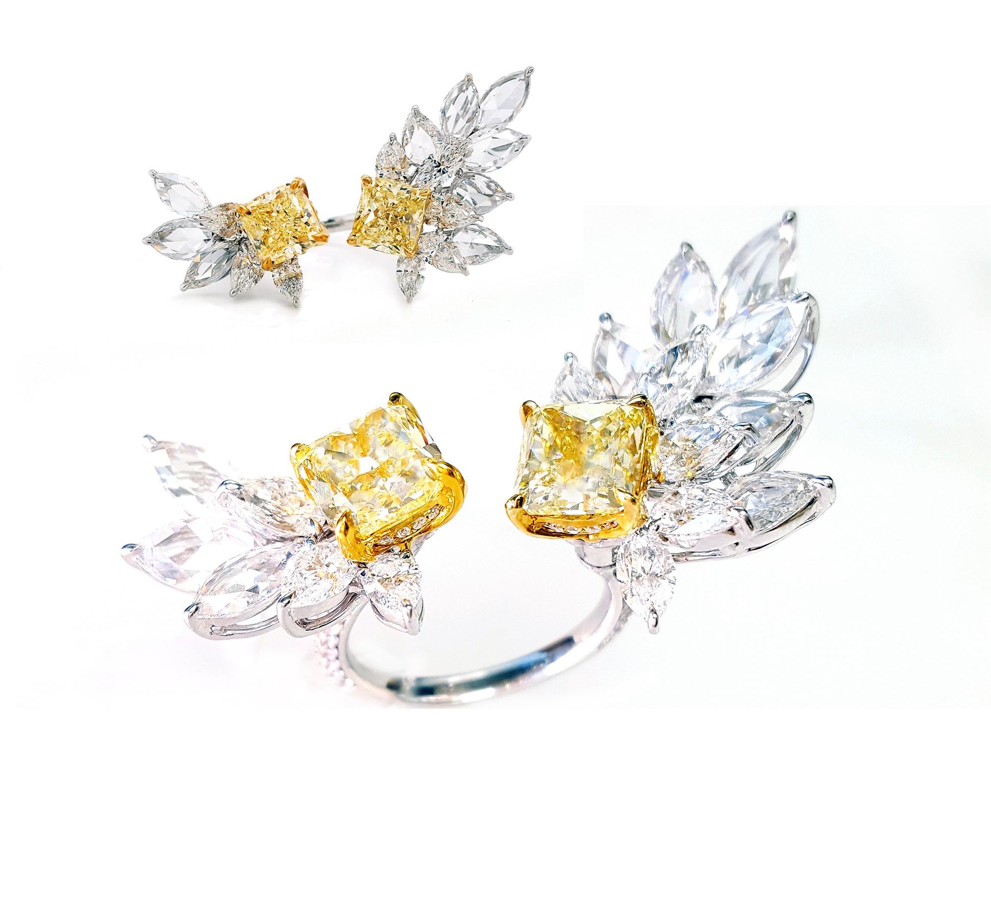 Anillo de racimo floral de diamantes amarillos fantasía de 4 quilates, oro de 22 y 18 quilates, informe GIA en Nuevo estado para la venta en New York, NY