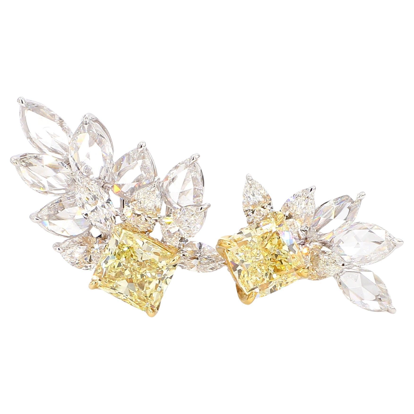 4 Carat Fancy Yellow Diamond Floral Cluster Ring 22K & 18K Gold, GIA Report 