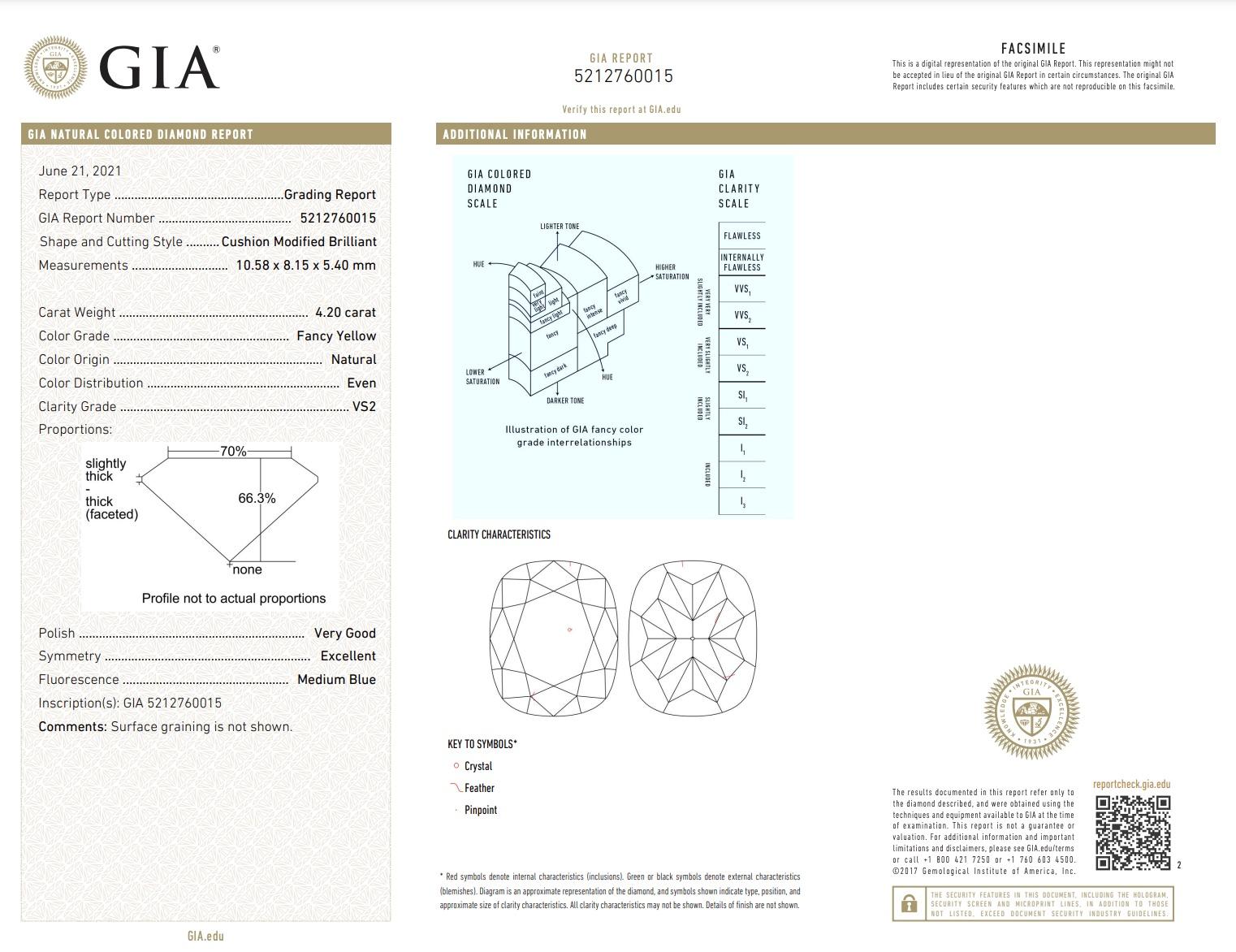 Donna Rare Colors 4 Carat Fancy Yellow Elongated Cushion Diamond Three Stone Ring in vendita