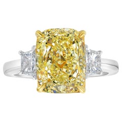 Rare Colors 4 Carat Fancy Yellow Elongated Cushion Diamond Three Stone Ring