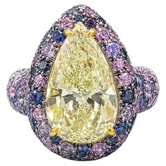 4 Carat Fancy Yellow Pear Diamond Purple Sapphire Bubble Ring