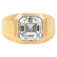 Used GIA Report Certified 4 Carat Asscher Cut Diamond in 18k Yellow Gold Signet Ring 
