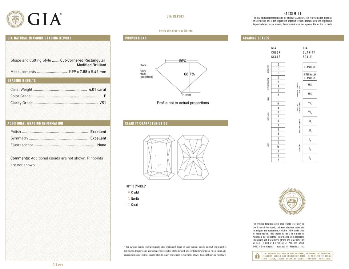Contemporary 4 Carat GIA Certified E VS1 Radiant Diamond Cut Diamond Gold Ring For Sale