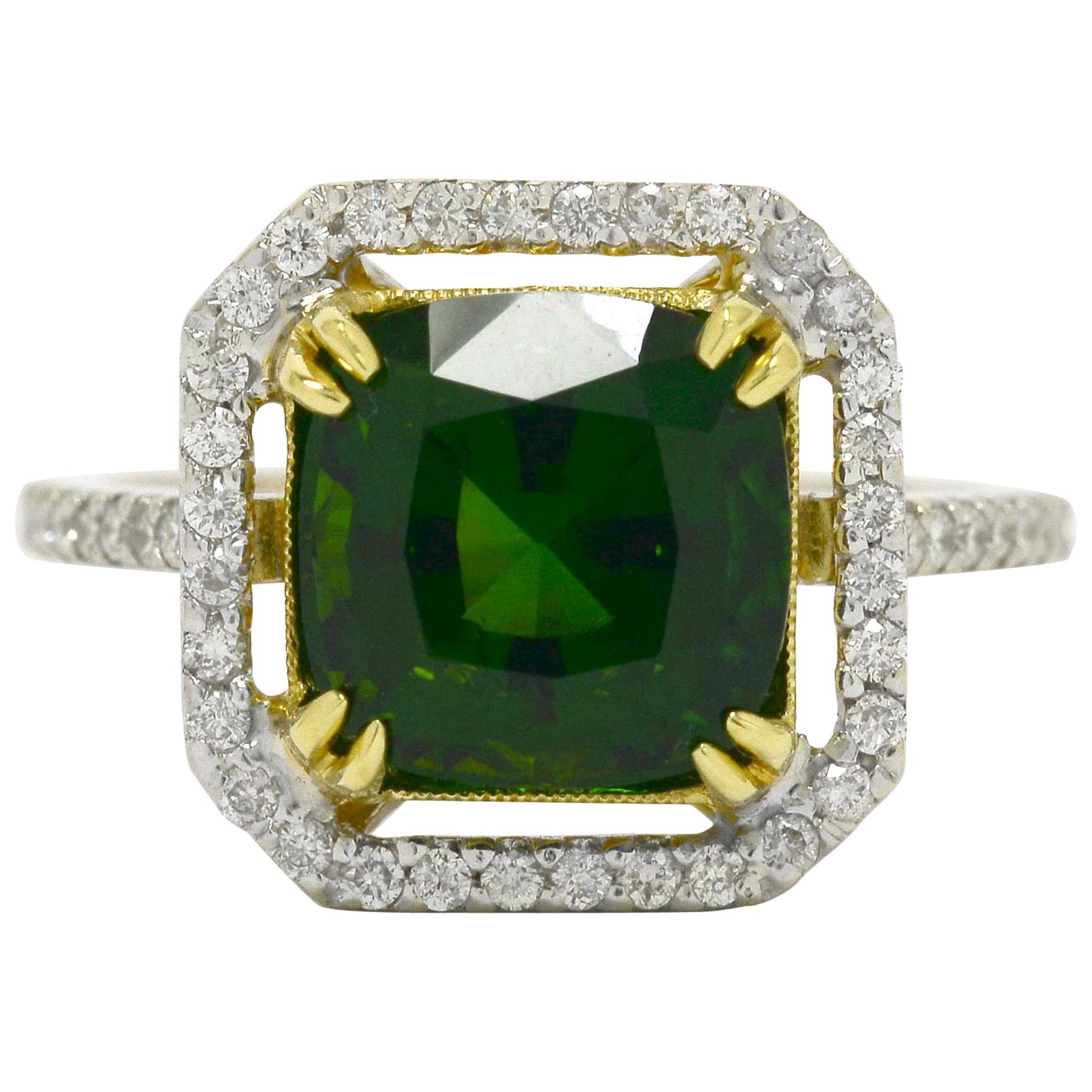4 Carat Green Tourmaline Diamond Ring Cocktail 2-Tone 18 Karat Gemstone ...