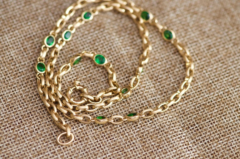 4 Carat Intense Green Tsavorite 18 Karat Matte Yellow Gold Necklace Chain 3