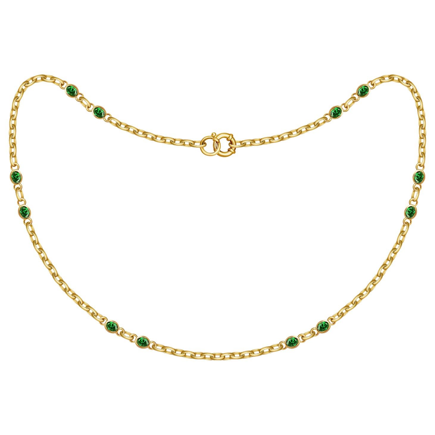 4 Carat Intense Green Tsavorite 18 Karat Matte Yellow Gold Necklace Chain