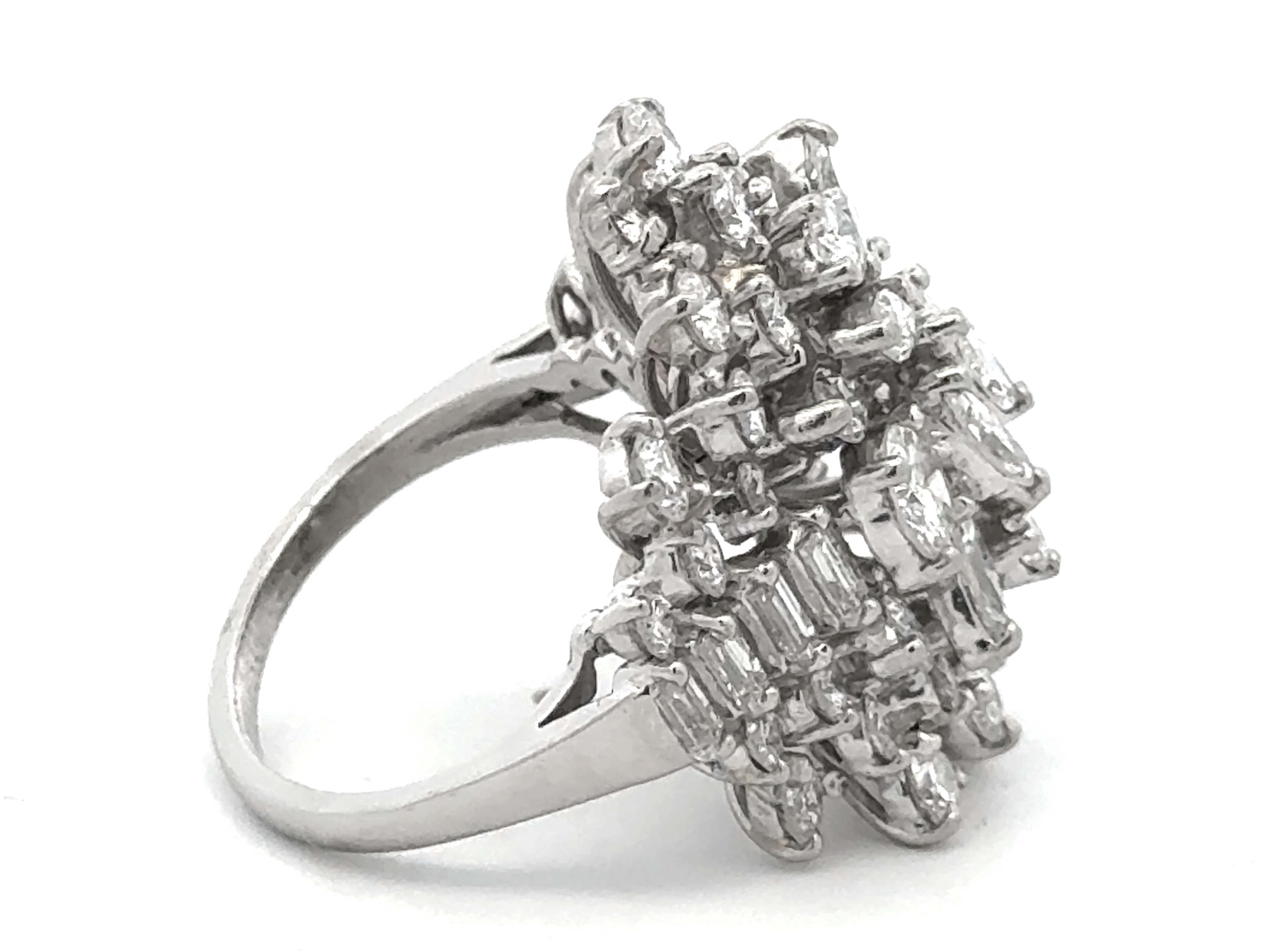 4 Carat Marquise Brilliant and Baguette Diamond Cluster Ring 14K White Gold In Excellent Condition For Sale In Honolulu, HI