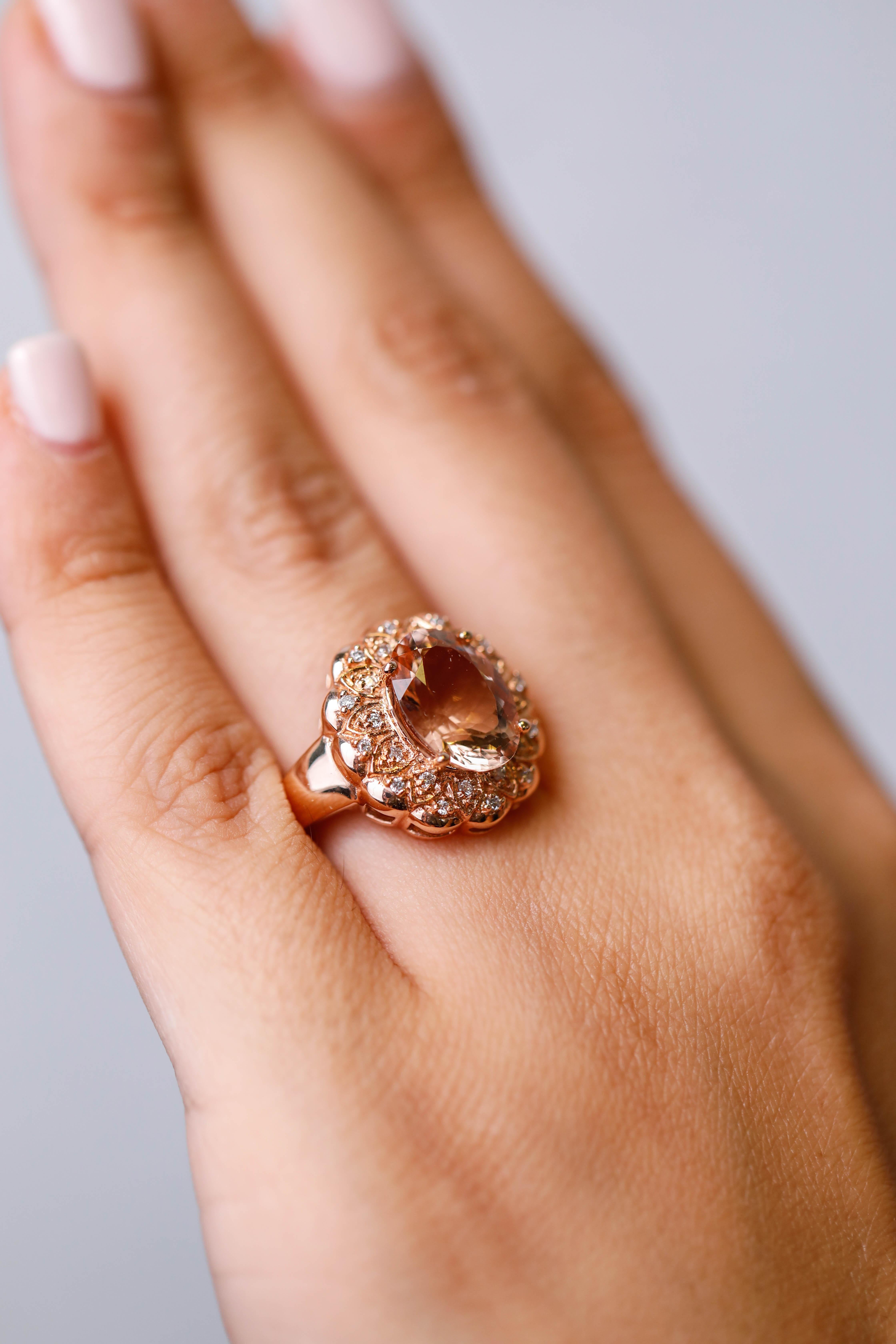 Oval Cut Oval Shaped Pink Morganite Diamond Accent Engagement Ring in 14k Rose Gold For Sale