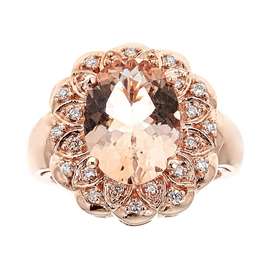 4 Carat Morganite and White Diamond Cocktail Statement Ring in 14 Karat Rose Gold Size 6.5
 
Polished to a brilliant shine, this ring is designed to bring you joy and happiness. Centered with an oval-shaped morganite of 4 TCW.  An intriguing frame