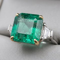 4 Carat Muzo Colombian Emerald Trapezoid Diamond Three-Stone Ring