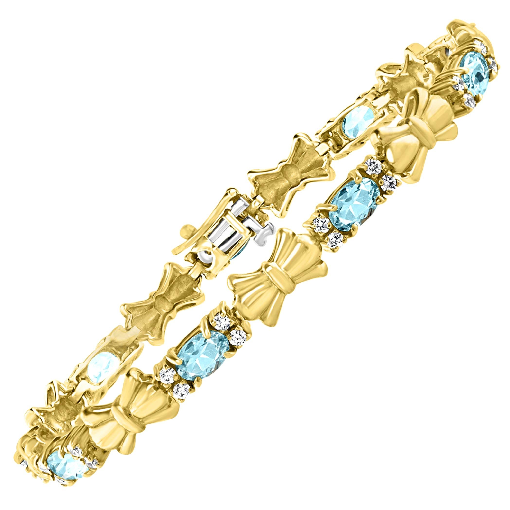 4 Carat Natural Aquamarine and Diamond Tennis Bracelet 10 Karat Yellow Gold