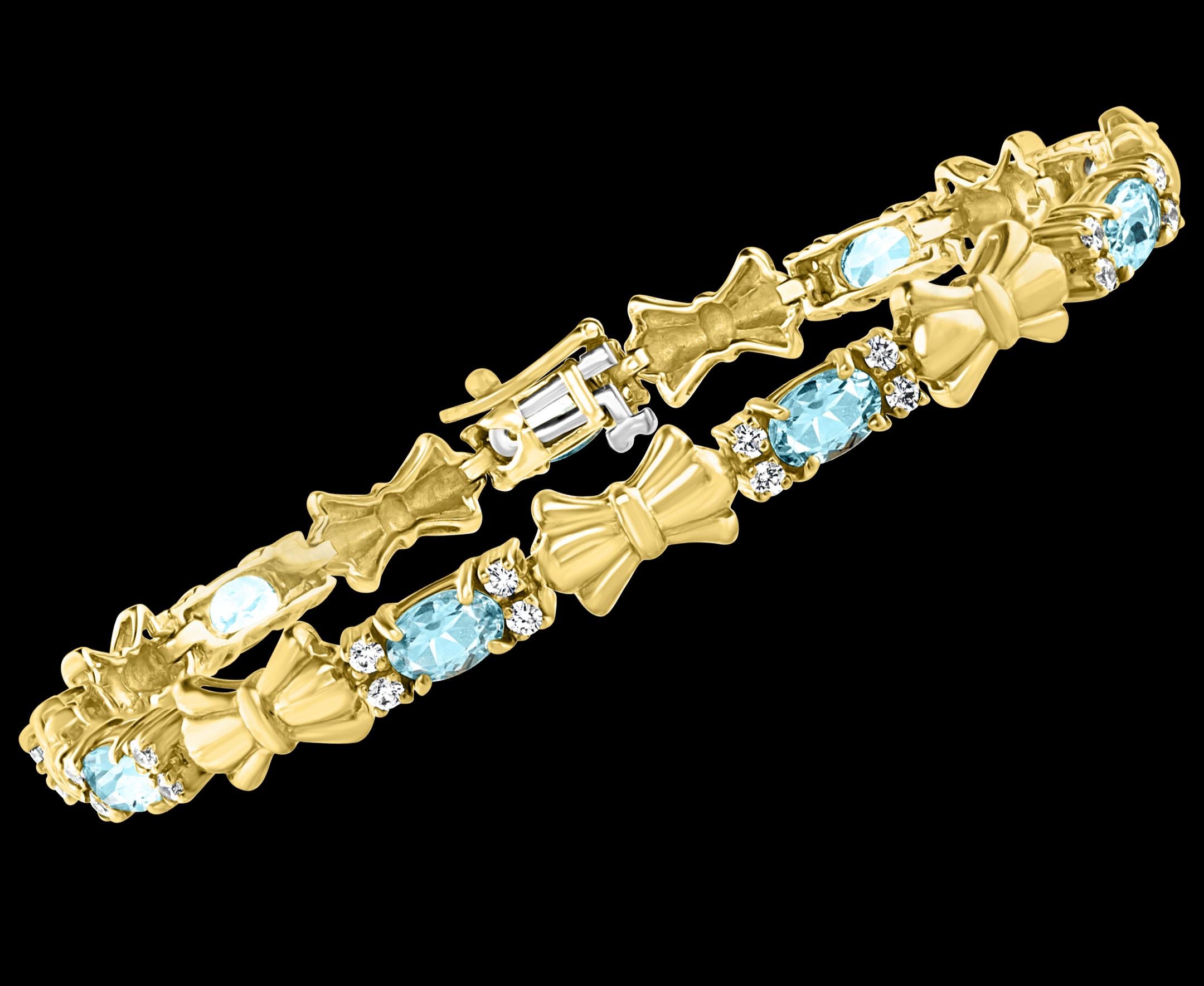 4 Carat Natural Aquamarine and Diamond Tennis Bracelet 10 Karat Yellow Gold 2