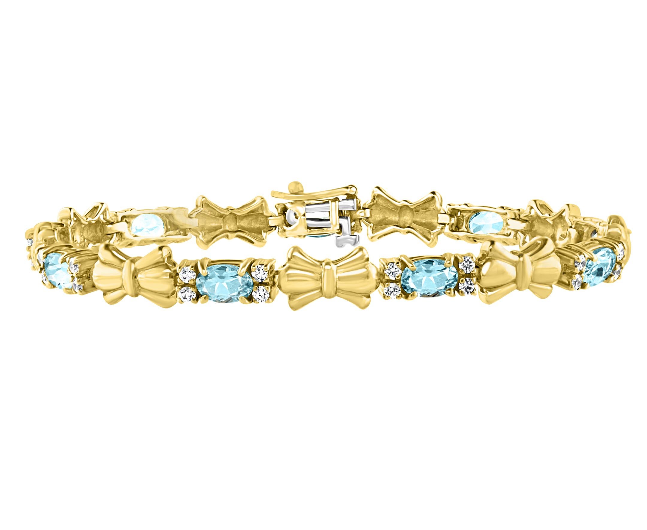  4 Carat Natural Aquamarine & Diamond Tennis Bracelet 10 Karat Yellow Gold 
This exceptionally affordable Tennis  bracelet has 8 stones of oval shape natural Aqua , Its light color Aqua
 quality is low but affordable
2 brilliant round cut Diamond 