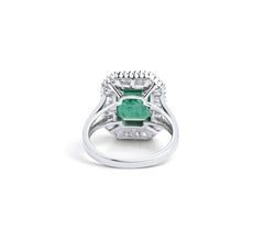 4ct Natural Emerald & Baguette Diamond Halo Engagement Ring in 18K White Gold