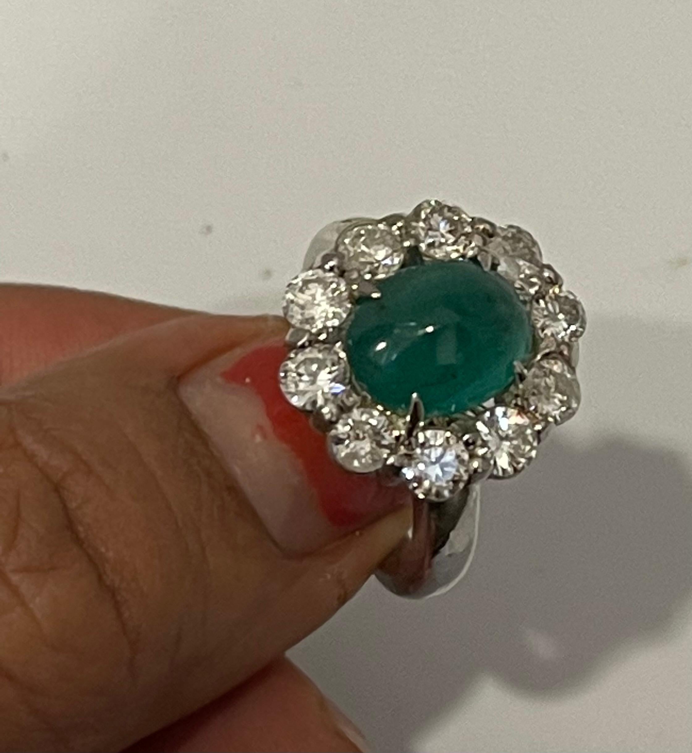 4 Carat Natural Oval Emerald Cabochon & Diamond Ring 18 Karat White Gold 6