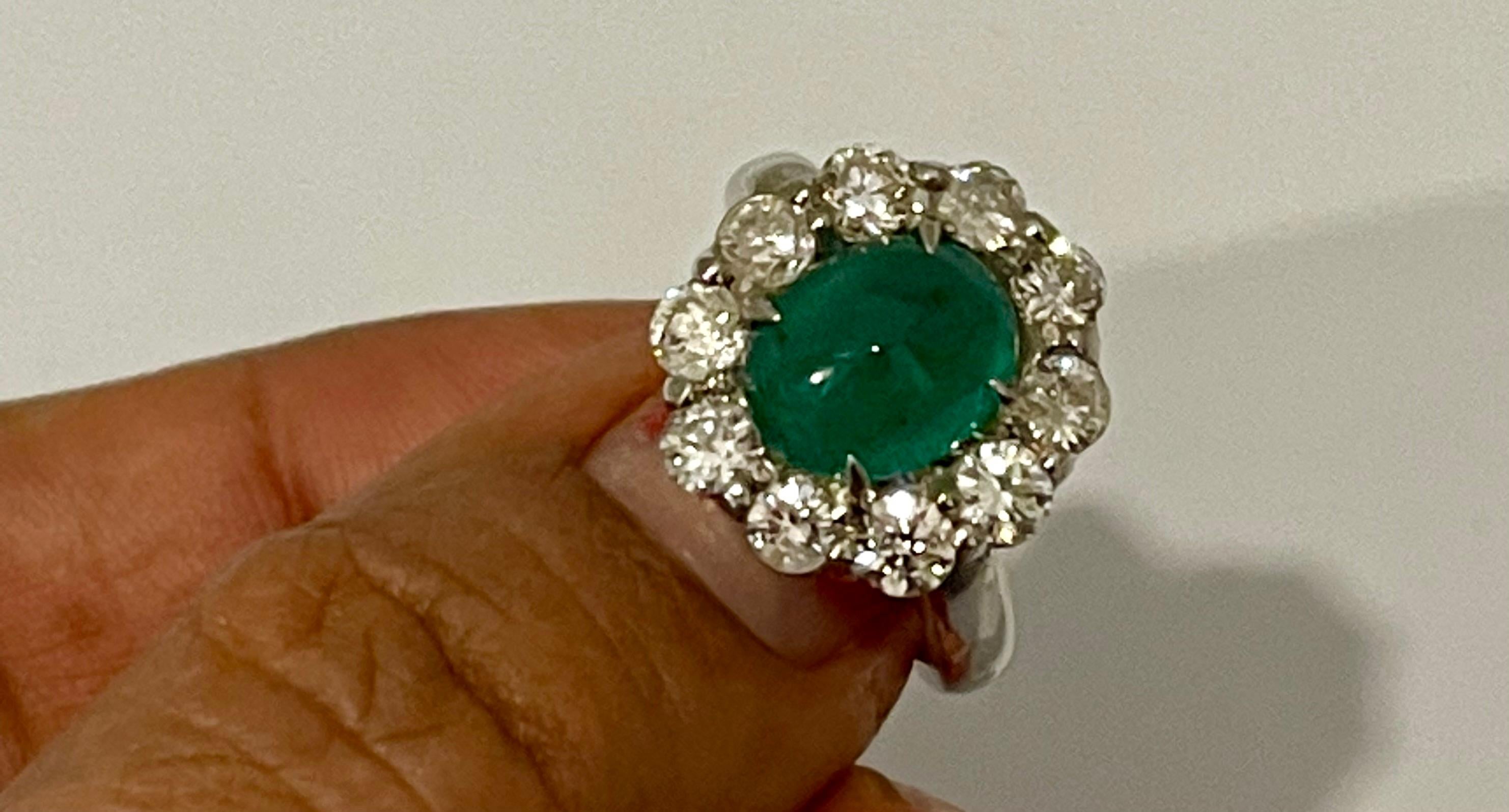 4 Carat Natural Oval Emerald Cabochon & Diamond Ring 18 Karat White Gold 7