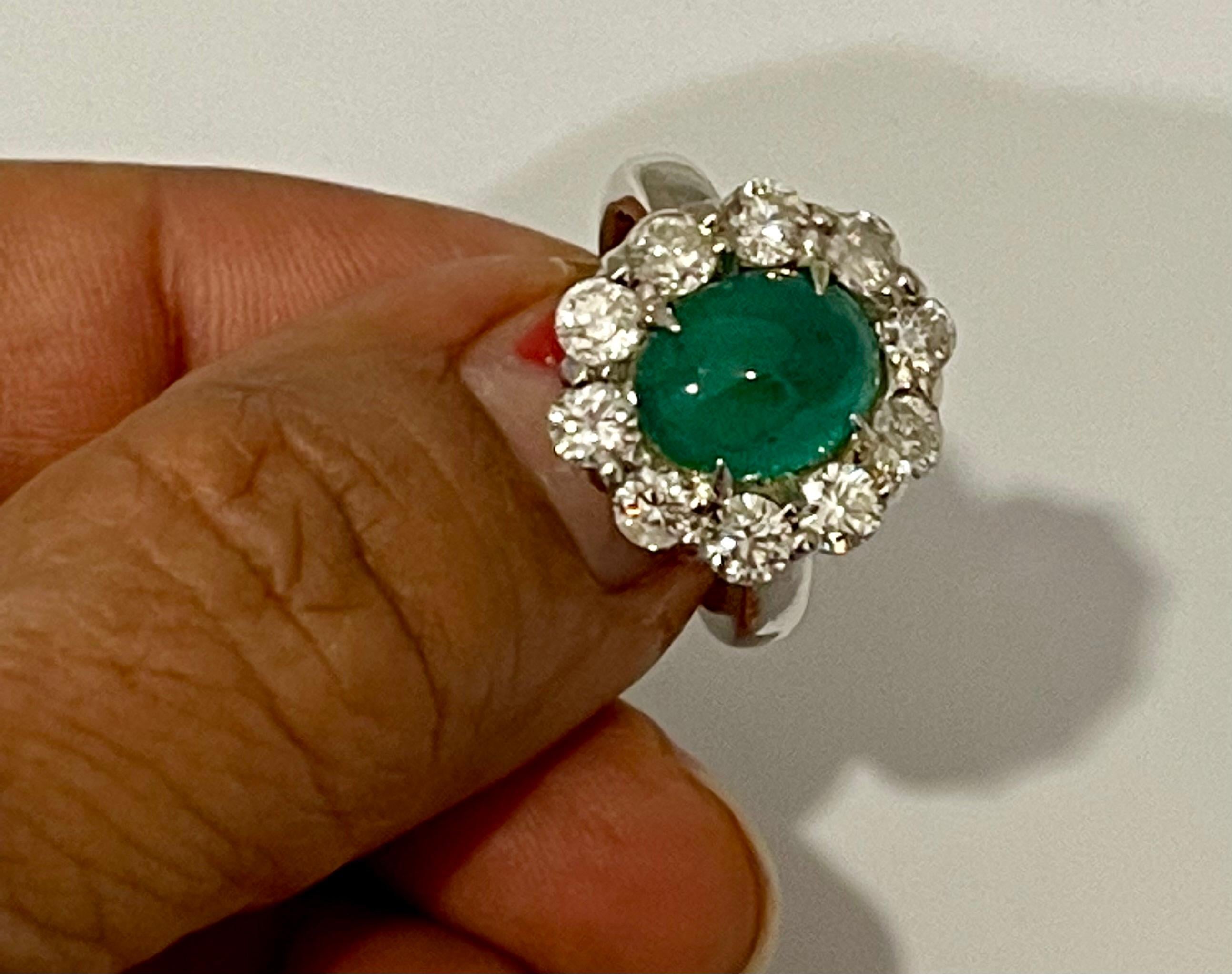 4 Carat Natural Oval Emerald Cabochon & Diamond Ring 18 Karat White Gold 8