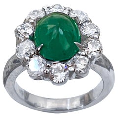 4 Carat Natural Oval Emerald Cabochon & Diamond Ring 18 Karat White Gold