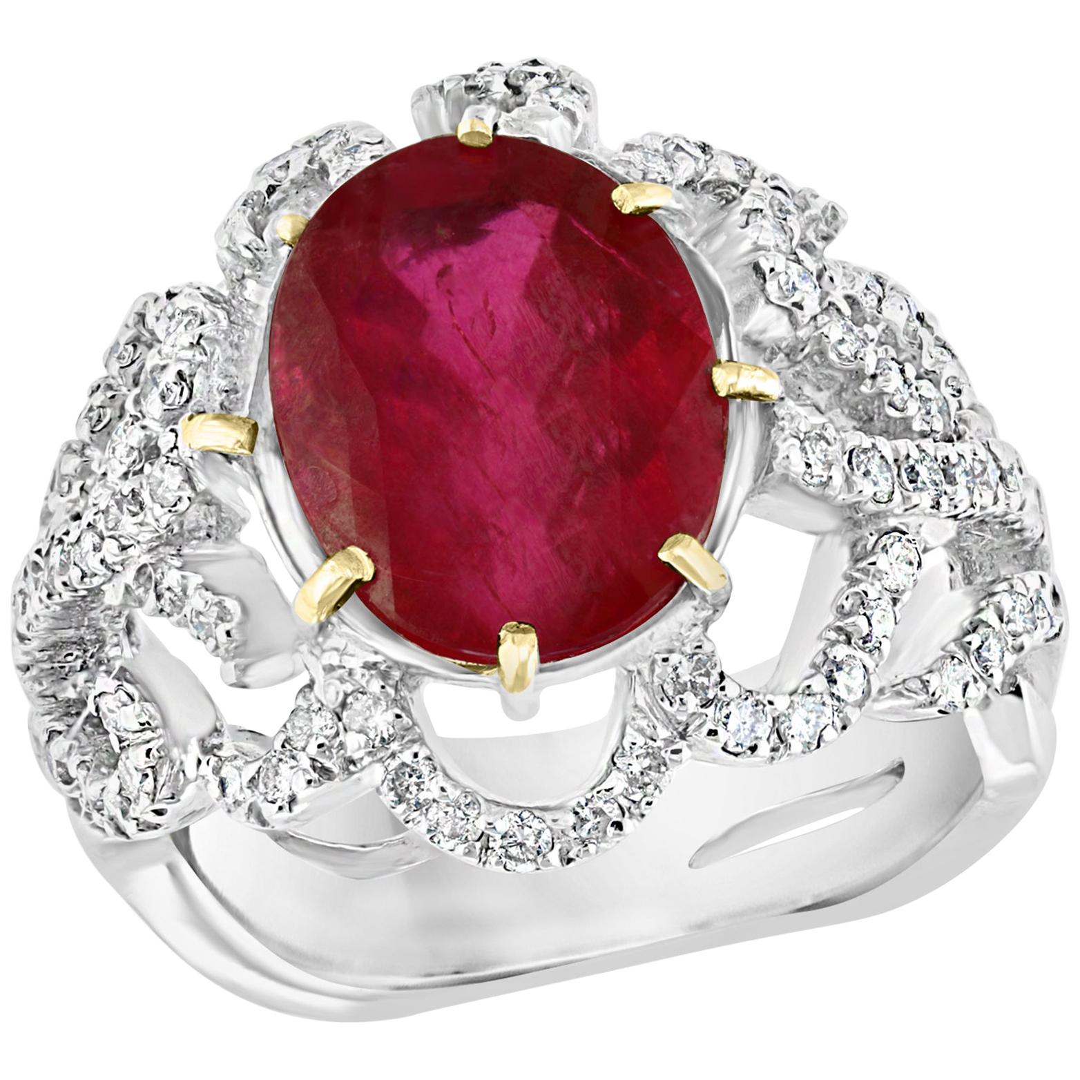 4 Carat Natural Ruby and Diamond 18 Karat White Gold Cocktail Ring For Sale