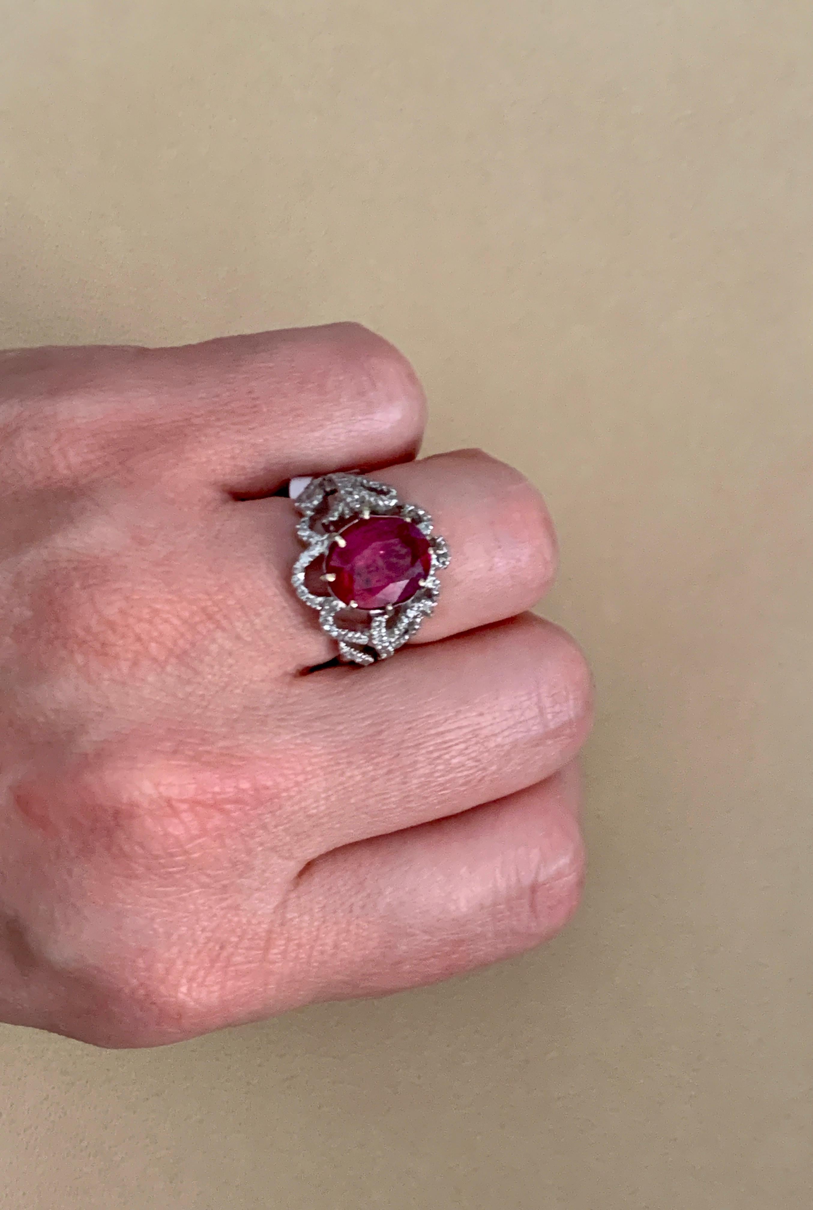 4 Carat Natural Ruby and Diamond 18 Karat White Gold Cocktail Ring For Sale 3