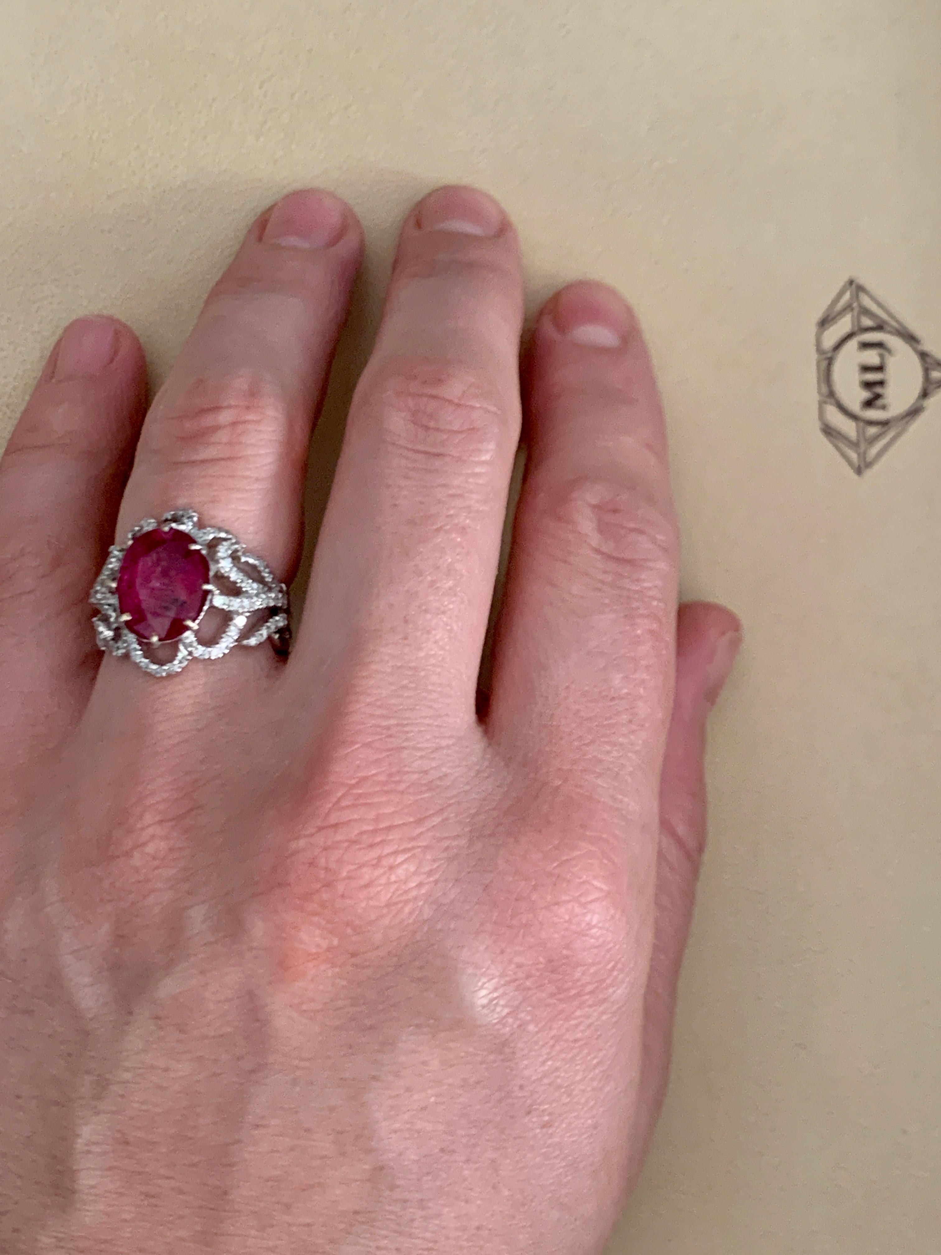 4 Carat Natural Ruby and Diamond 18 Karat White Gold Cocktail Ring For Sale 4