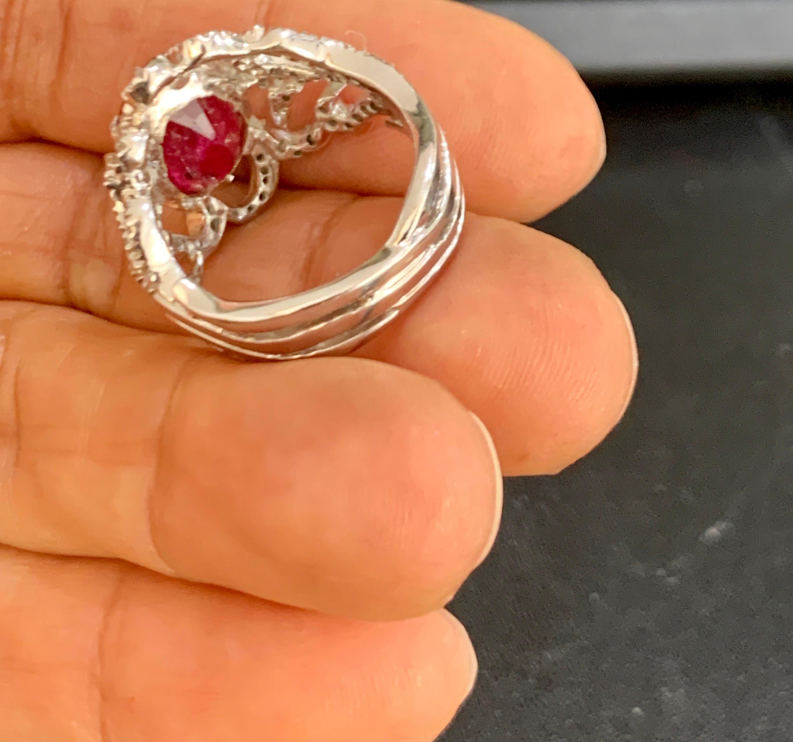 4 Carat Natural Ruby and Diamond 18 Karat White Gold Cocktail Ring For Sale 1