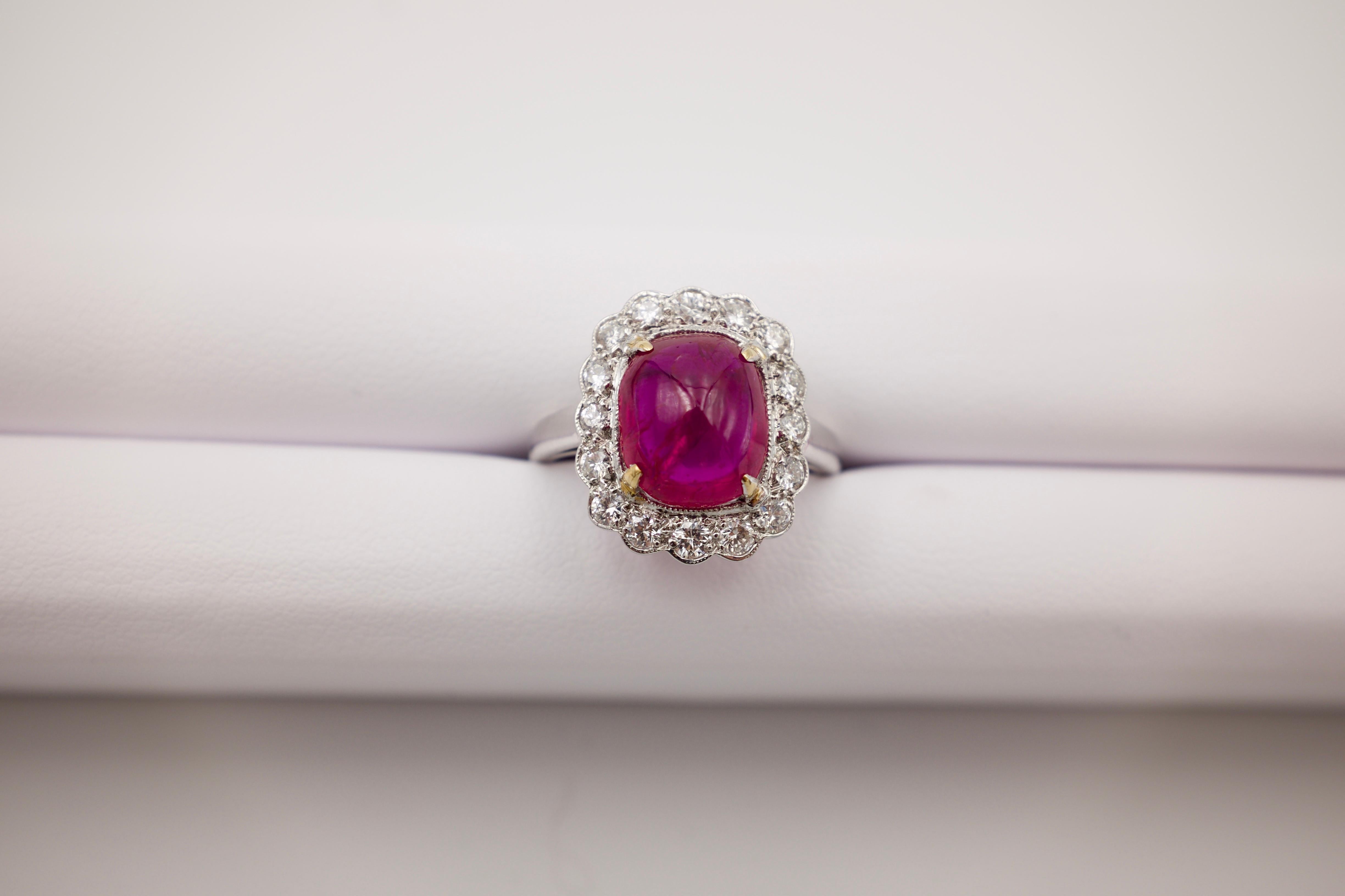 Art Deco 4 Carat No Heat Burmese Ruby Cabochon and Diamond Ring For Sale