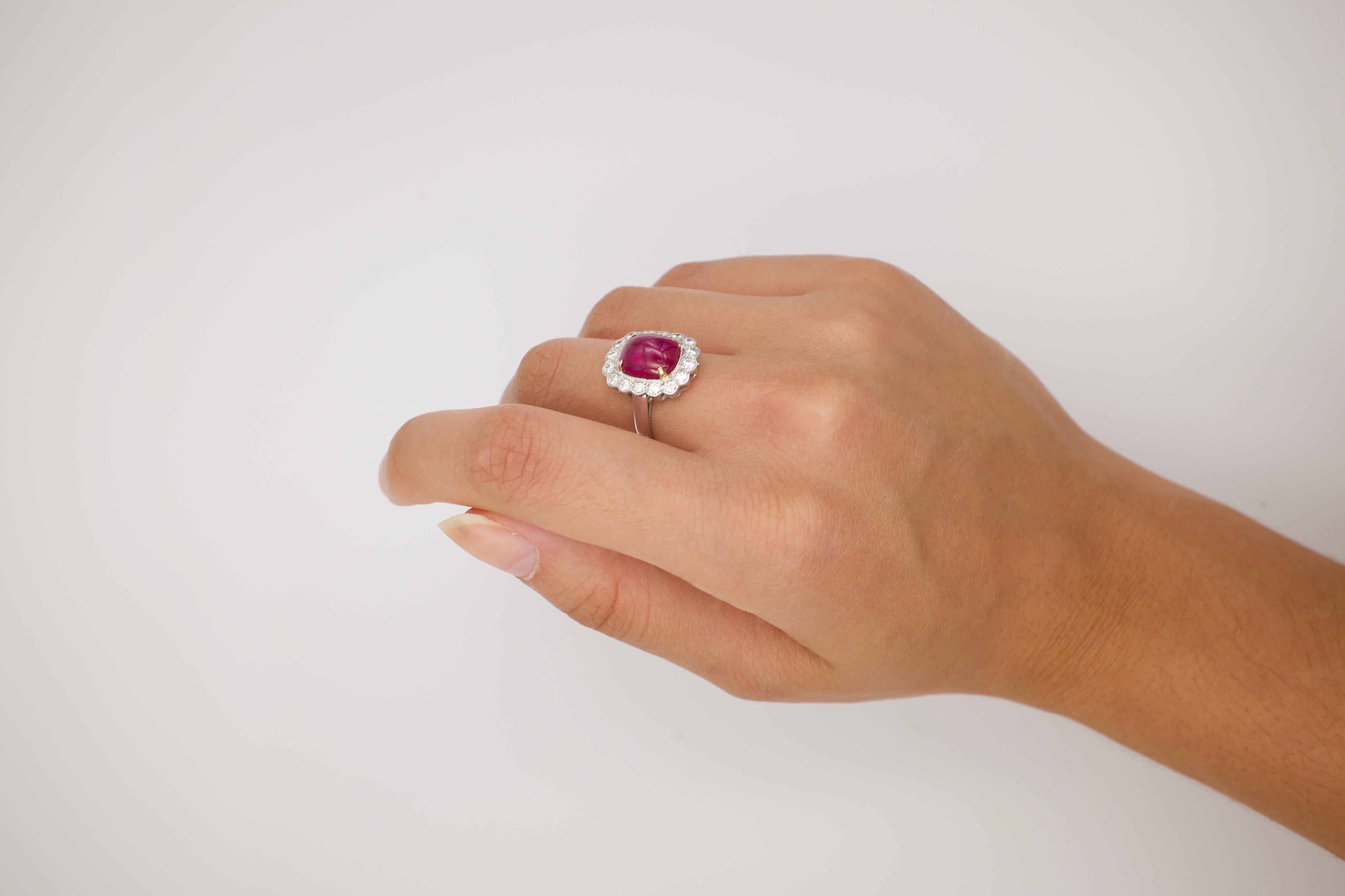 4 Carat No Heat Burmese Ruby Cabochon and Diamond Ring In Good Condition For Sale In Miami Beach, FL